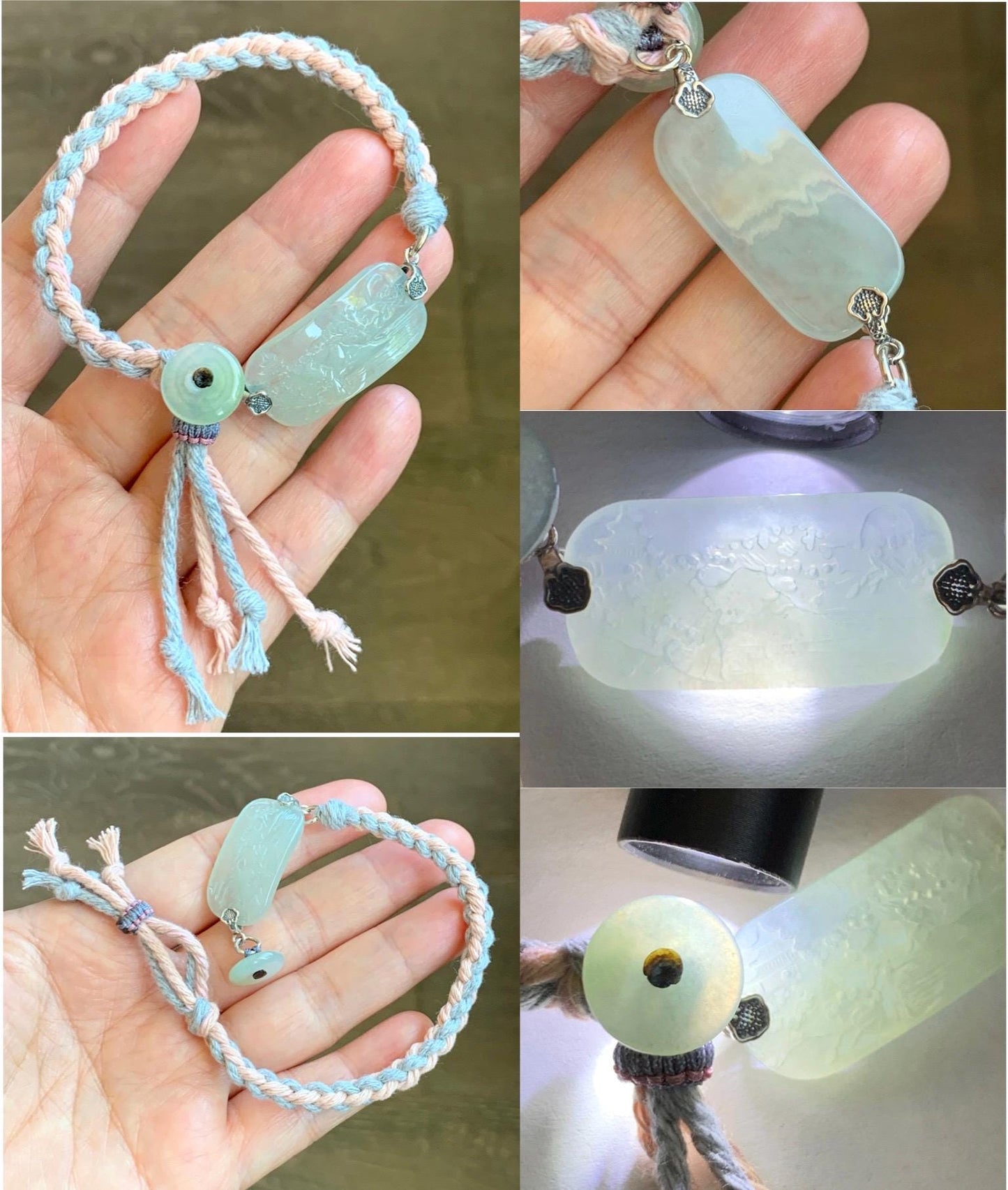 Natural Grade A Icy Highly Translucent Gelatinous Pastel Green Jadeite Shan Shui Landscape Cuff Rope Bracelet 7” 7g 天然冰胶老种晴底翡翠山水手牌手绳 SSB305