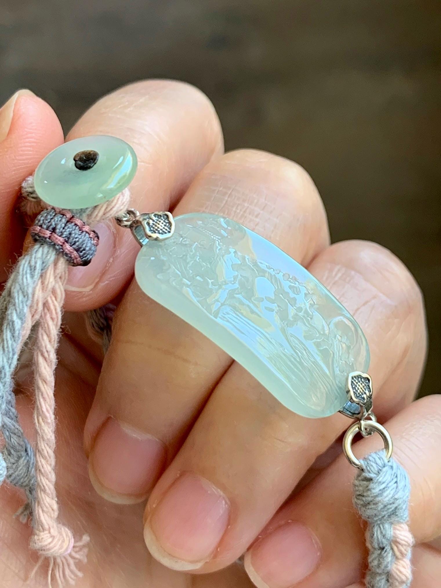 Natural Grade A Icy Highly Translucent Gelatinous Pastel Green Jadeite Shan Shui Landscape Cuff Rope Bracelet 7” 7g 天然冰胶老种晴底翡翠山水手牌手绳 SSB305