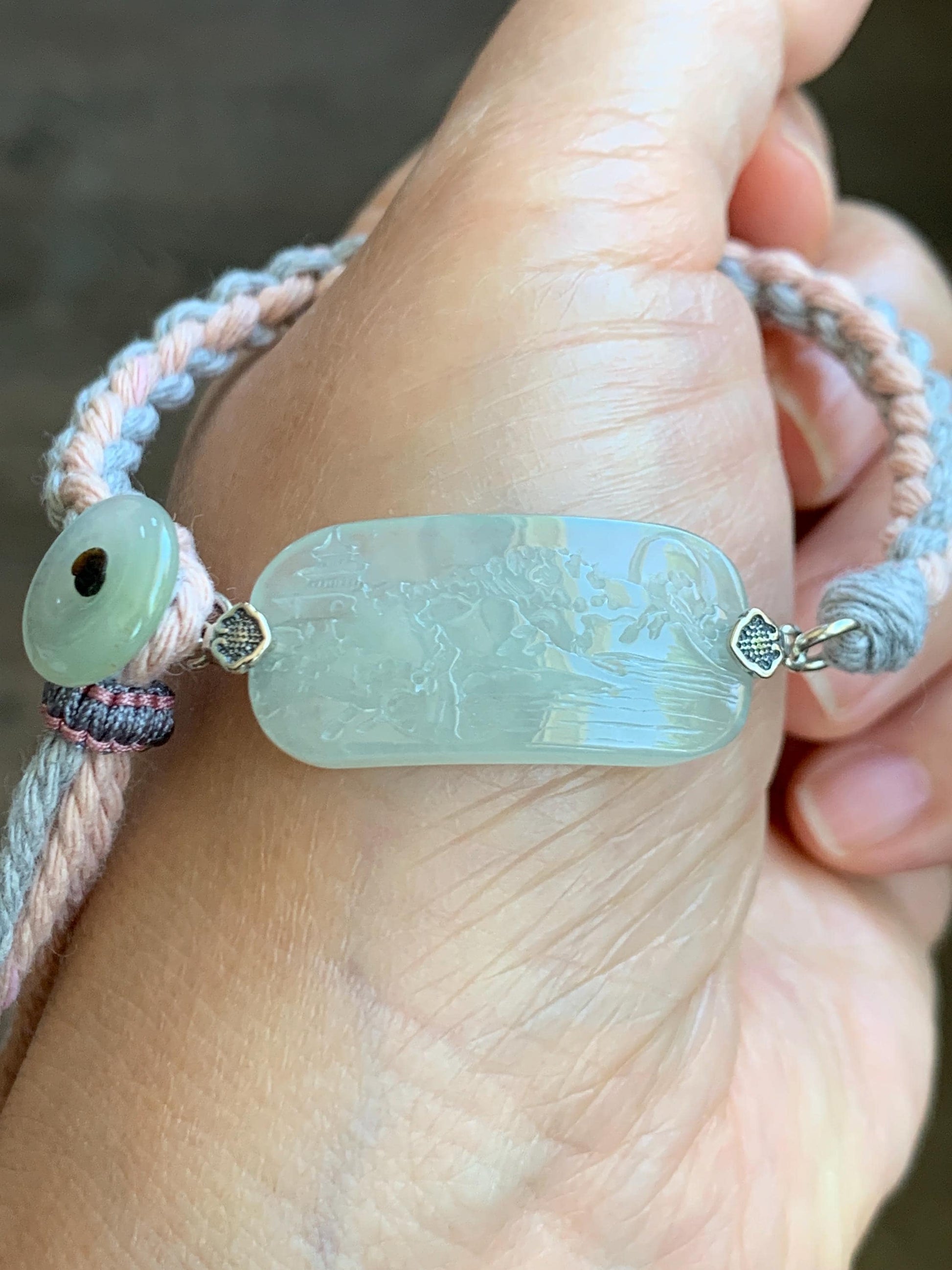 Natural Grade A Icy Highly Translucent Gelatinous Pastel Green Jadeite Shan Shui Landscape Cuff Rope Bracelet 7” 7g 天然冰胶老种晴底翡翠山水手牌手绳 SSB305