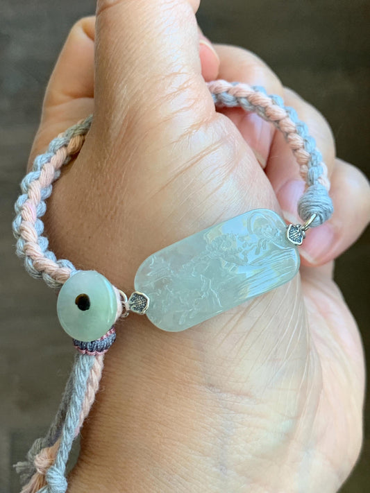 Natural Grade A Icy Highly Translucent Gelatinous Pastel Green Jadeite Shan Shui Landscape Cuff Rope Bracelet 7” 7g 天然冰胶老种晴底翡翠山水手牌手绳 SSB305