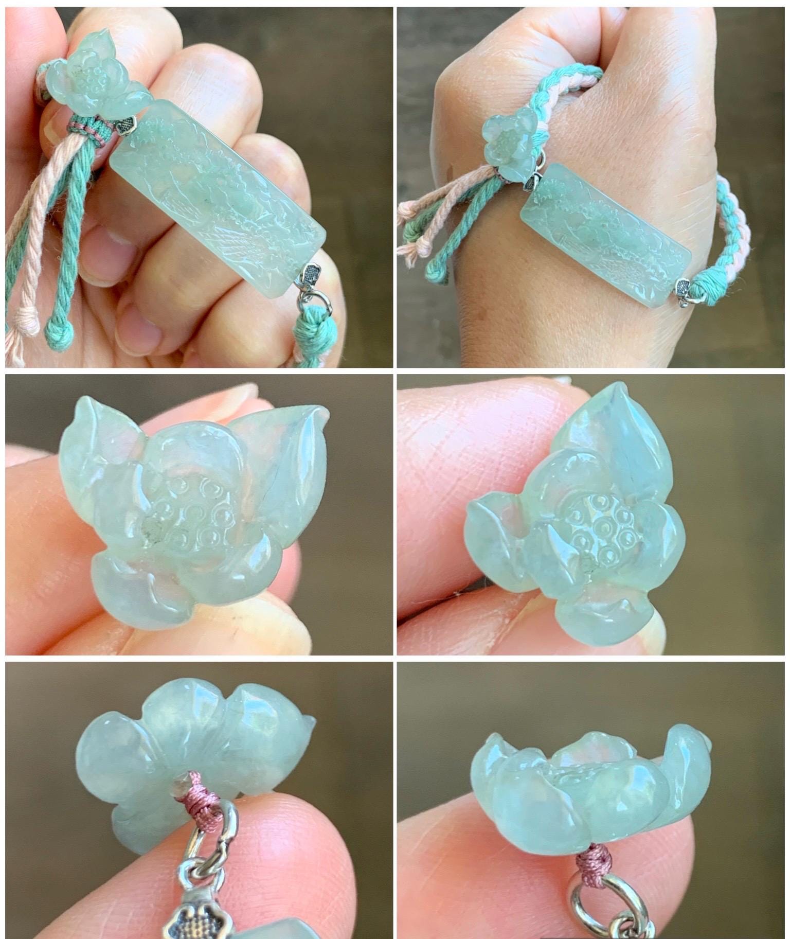 Natural Grade A Icy Highly Translucent Gelatinous Light Green Jadeite Shan Shui Landscape Cuff Rope Bracelet 6.75” 10g 天然冰胶老种绿翡翠山水手牌手绳 SSQ21