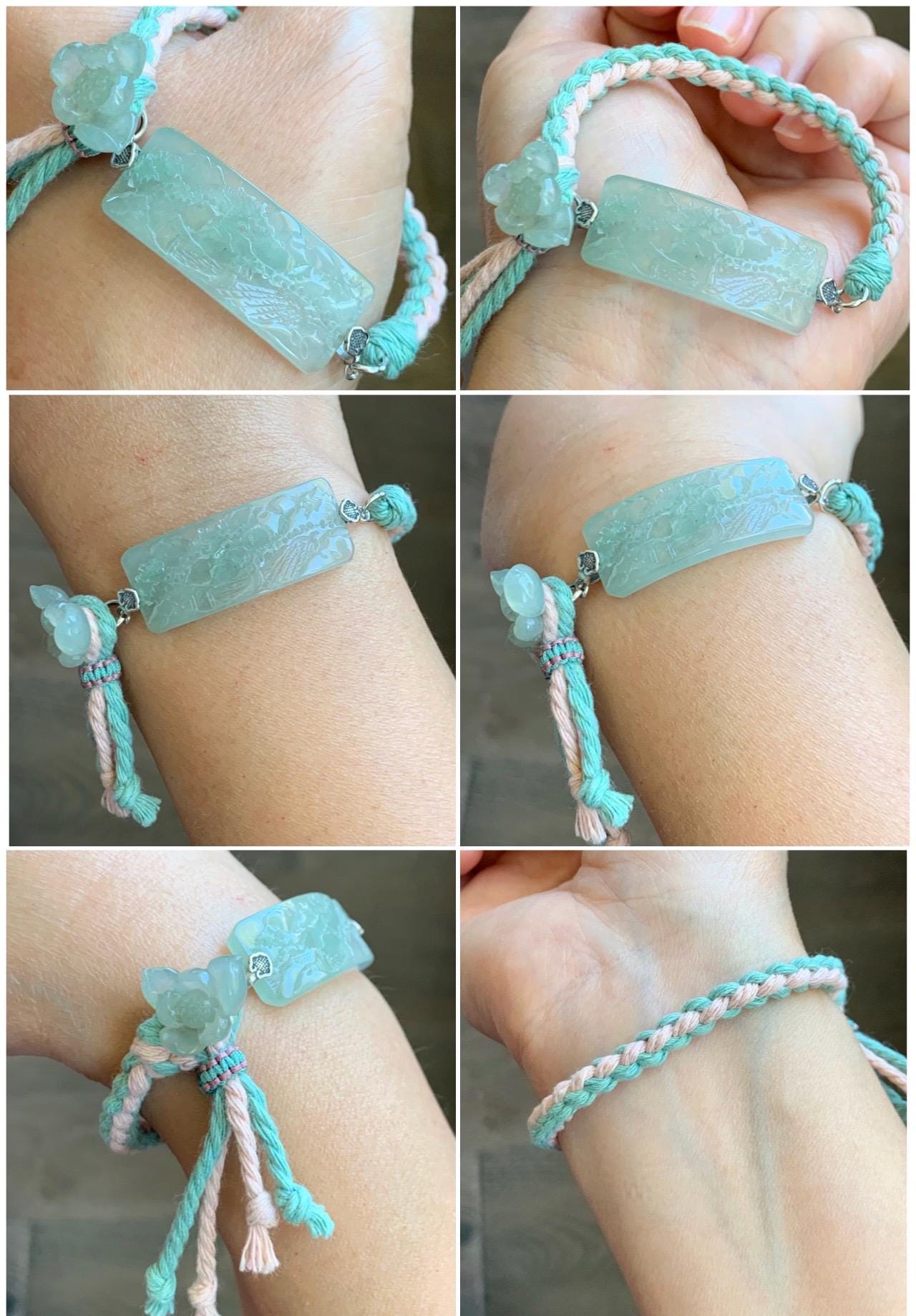 Natural Grade A Icy Highly Translucent Gelatinous Light Green Jadeite Shan Shui Landscape Cuff Rope Bracelet 6.75” 10g 天然冰胶老种绿翡翠山水手牌手绳 SSQ21