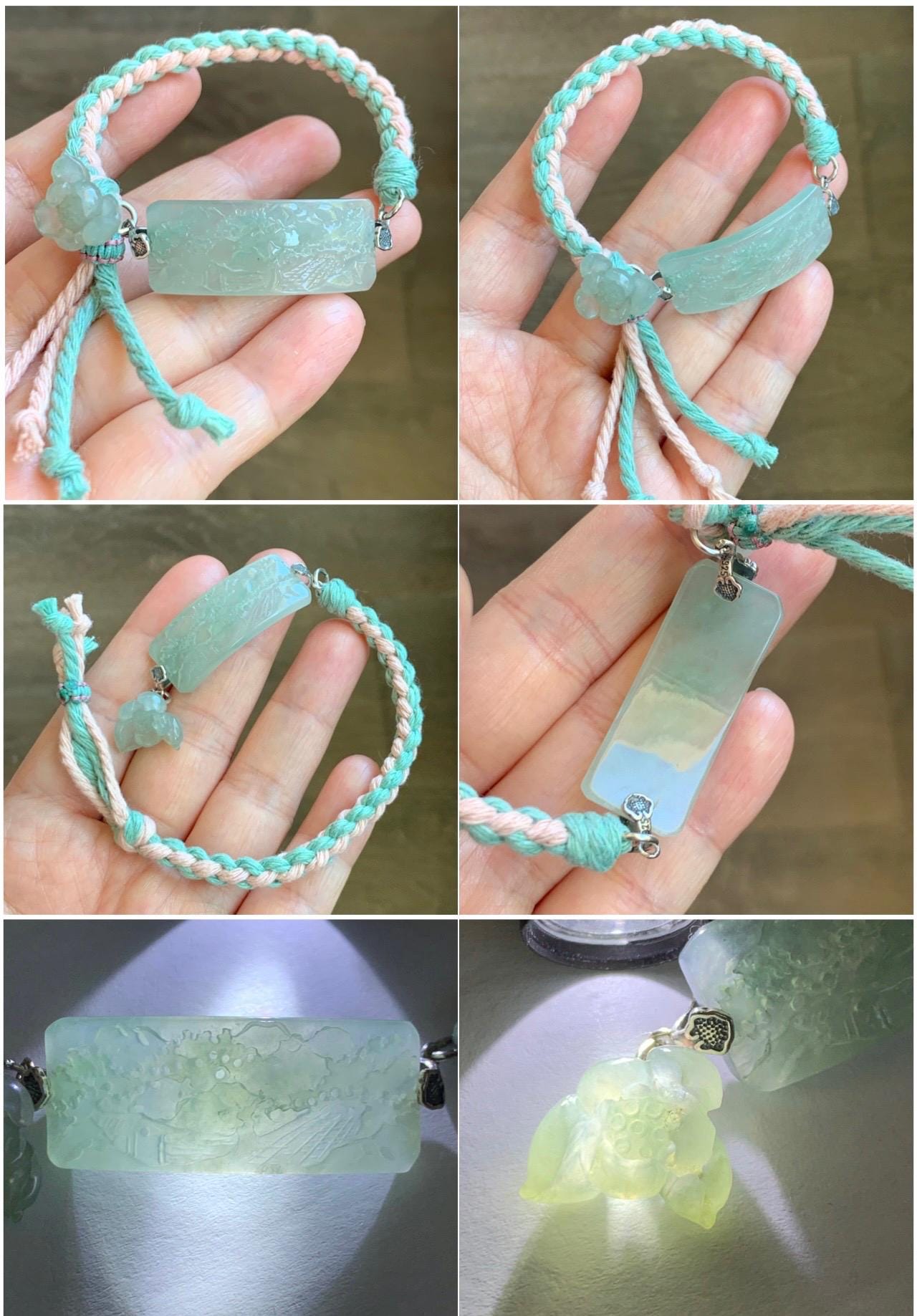 Natural Grade A Icy Highly Translucent Gelatinous Light Green Jadeite Shan Shui Landscape Cuff Rope Bracelet 6.75” 10g 天然冰胶老种绿翡翠山水手牌手绳 SSQ21
