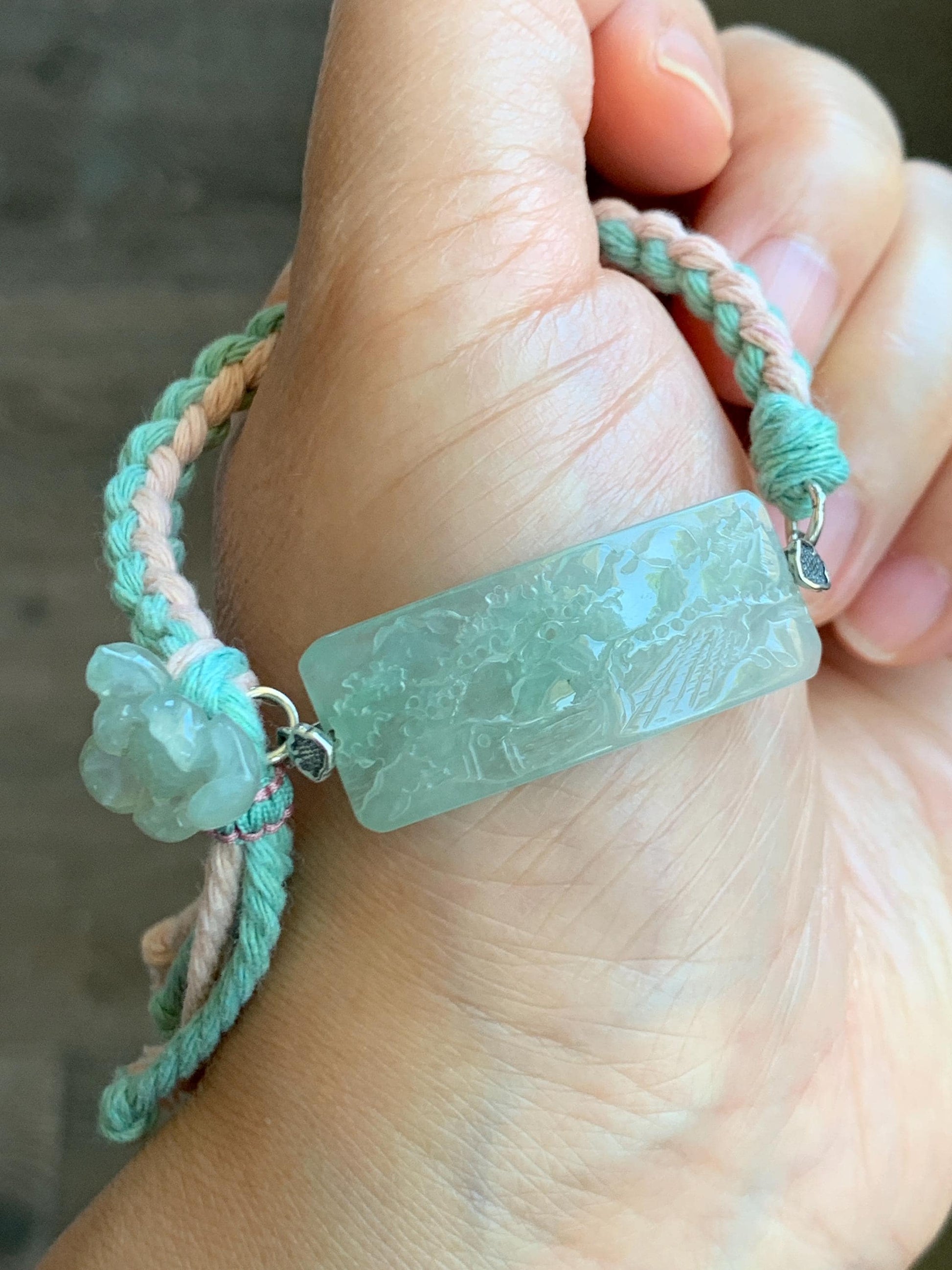 Natural Grade A Icy Highly Translucent Gelatinous Light Green Jadeite Shan Shui Landscape Cuff Rope Bracelet 6.75” 10g 天然冰胶老种绿翡翠山水手牌手绳 SSQ21