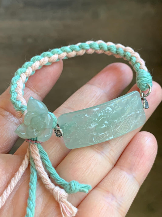 Natural Grade A Icy Highly Translucent Gelatinous Light Green Jadeite Shan Shui Landscape Cuff Rope Bracelet 6.75” 10g 天然冰胶老种绿翡翠山水手牌手绳 SSQ21