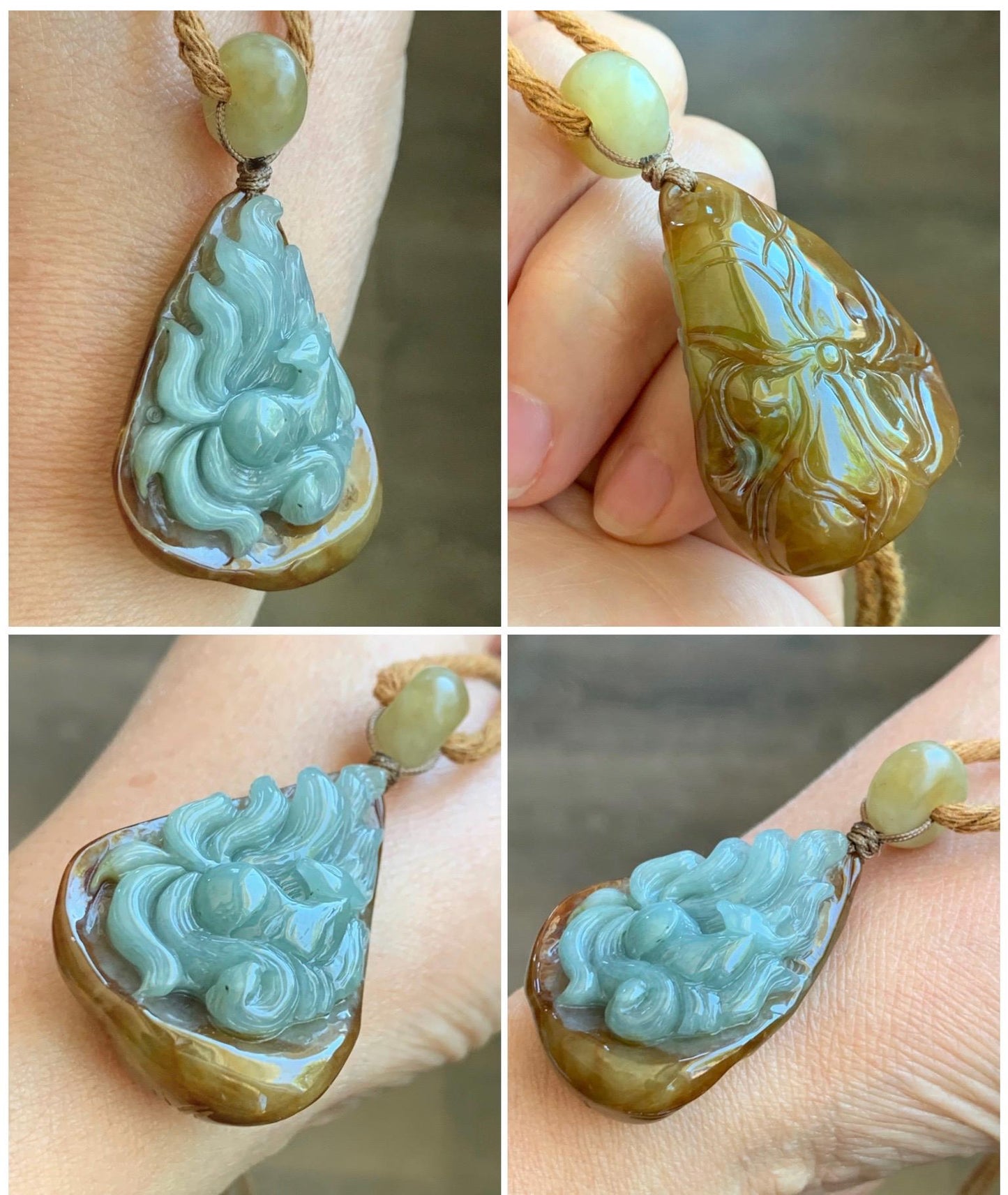 Natural Grade A Icy Translucent Red & Blue Jade Jadeite 3D Carved Nine-Tailed Fox Pendant Rope Necklace 26” 22g 天然冰红加蓝翡翠九尾狐吊坠项链 HPJ312