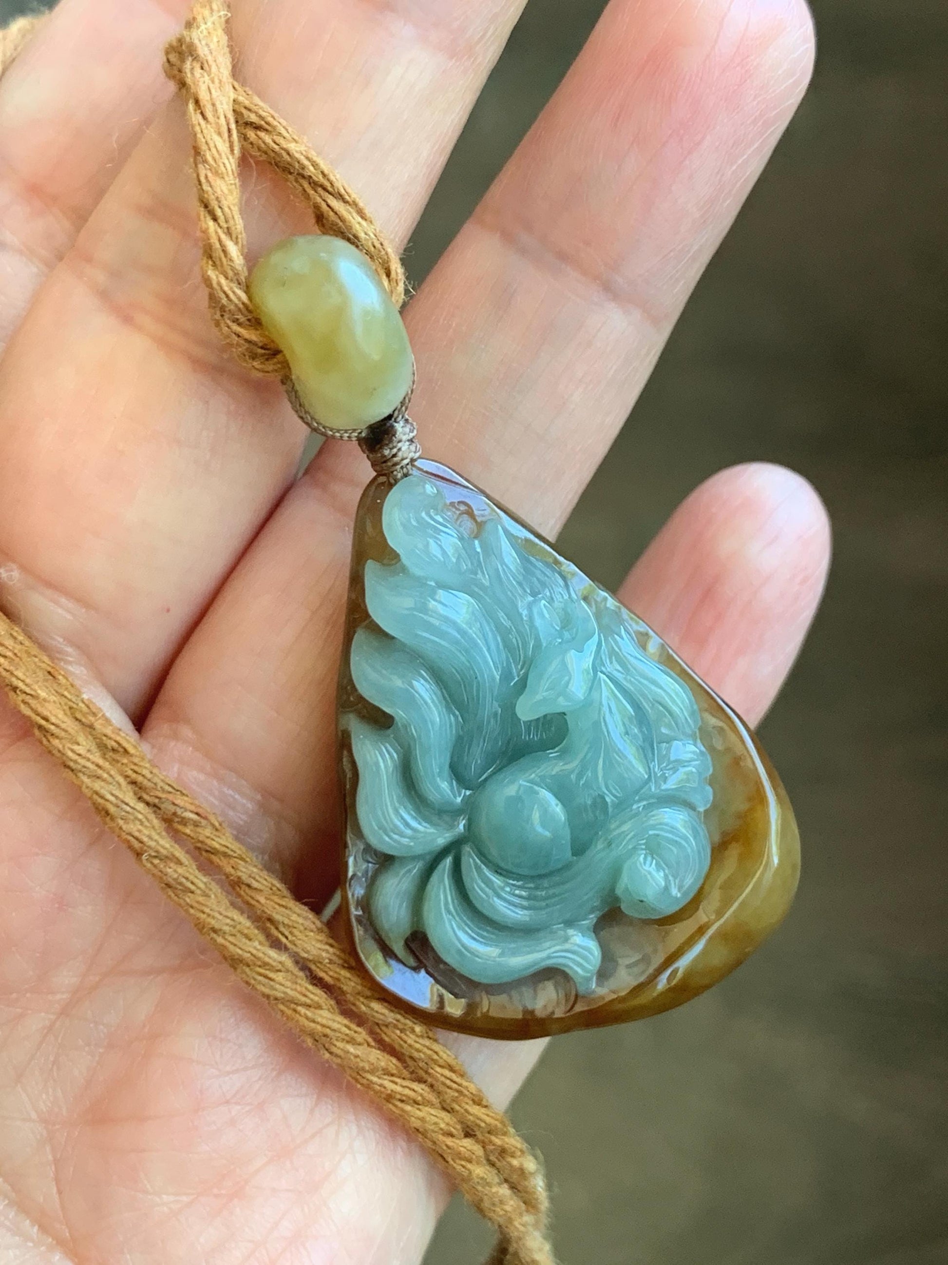 Natural Grade A Icy Translucent Red & Blue Jade Jadeite 3D Carved Nine-Tailed Fox Pendant Rope Necklace 26” 22g 天然冰红加蓝翡翠九尾狐吊坠项链 HPJ312