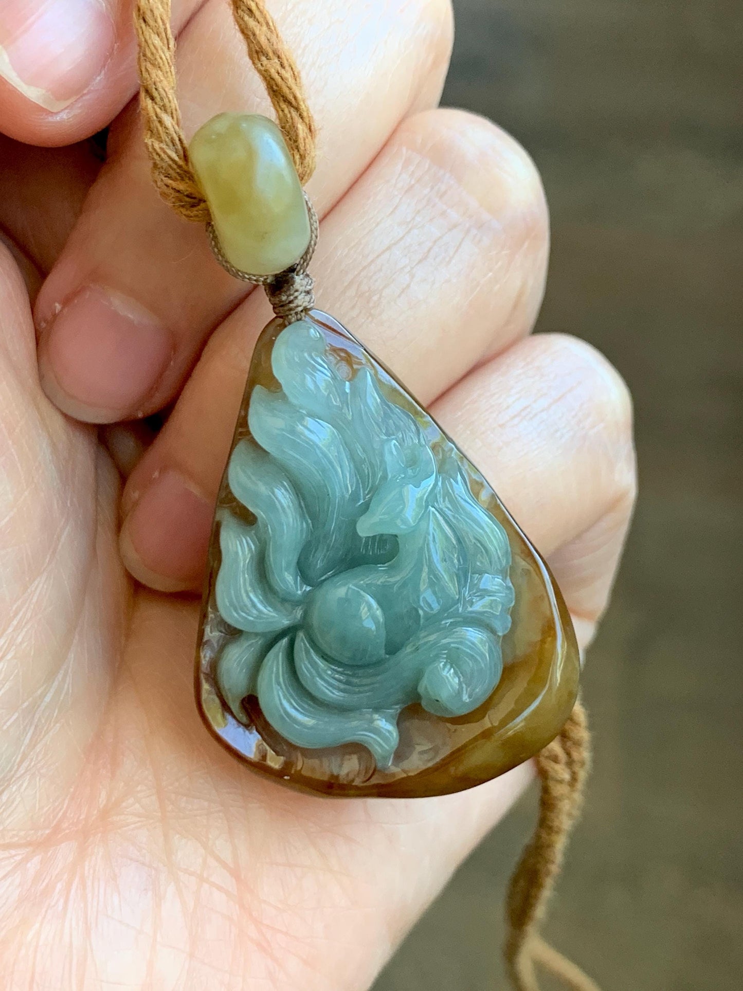 Natural Grade A Icy Translucent Red & Blue Jade Jadeite 3D Carved Nine-Tailed Fox Pendant Rope Necklace 26” 22g 天然冰红加蓝翡翠九尾狐吊坠项链 HPJ312