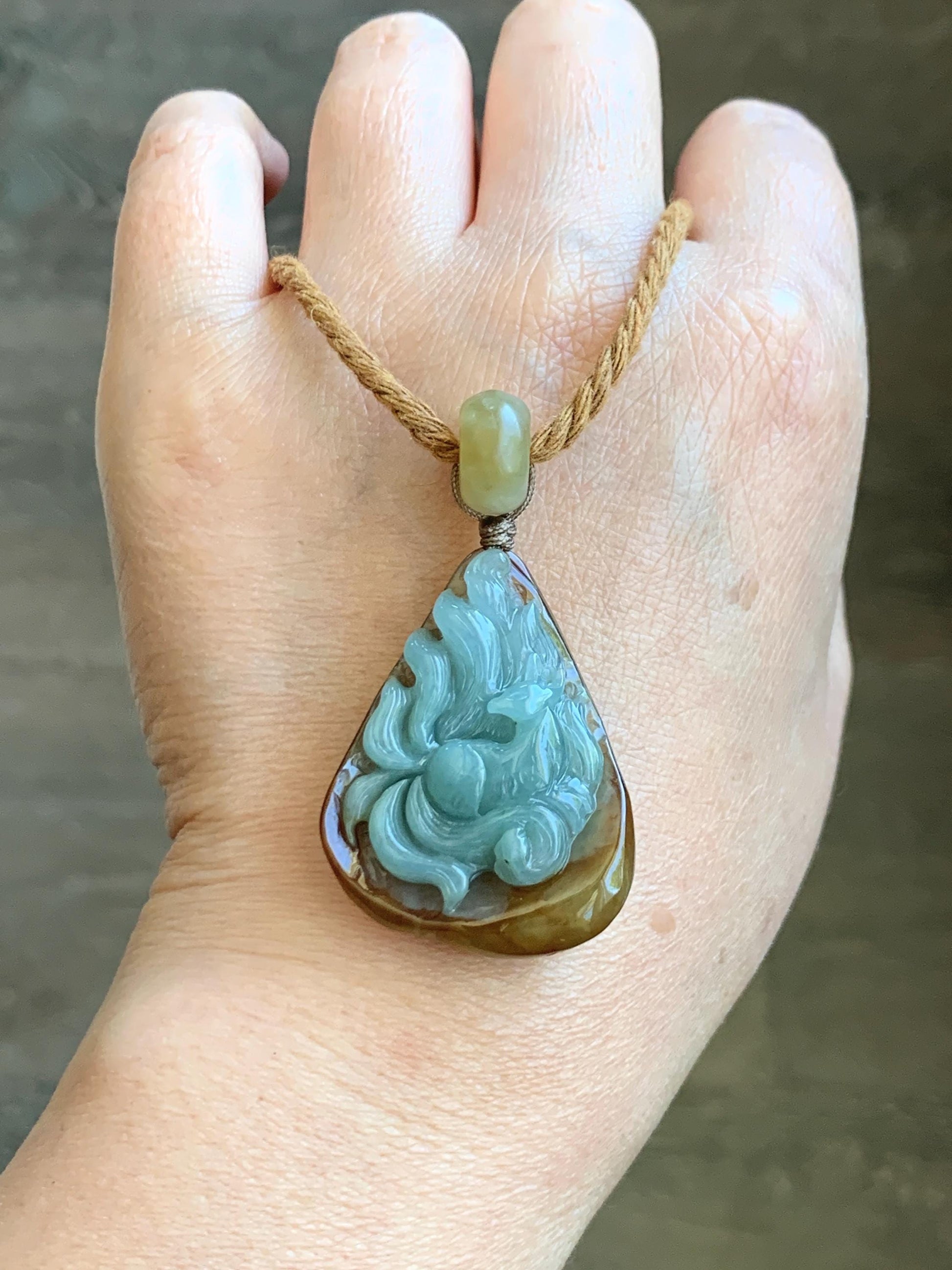 Natural Grade A Icy Translucent Red & Blue Jade Jadeite 3D Carved Nine-Tailed Fox Pendant Rope Necklace 26” 22g 天然冰红加蓝翡翠九尾狐吊坠项链 HPJ312