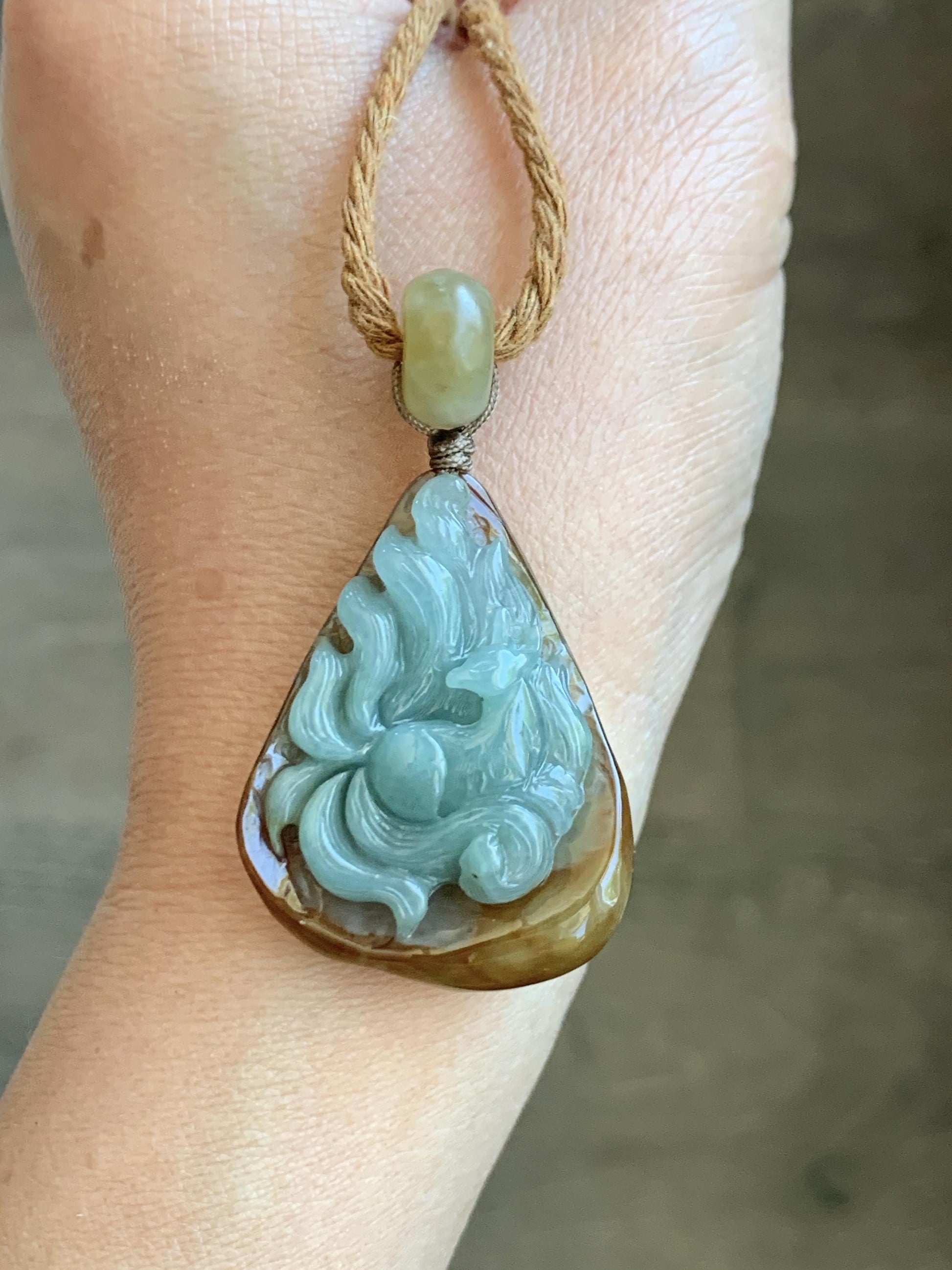 Natural Grade A Icy Translucent Red & Blue Jade Jadeite 3D Carved Nine-Tailed Fox Pendant Rope Necklace 26” 22g 天然冰红加蓝翡翠九尾狐吊坠项链 HPJ312