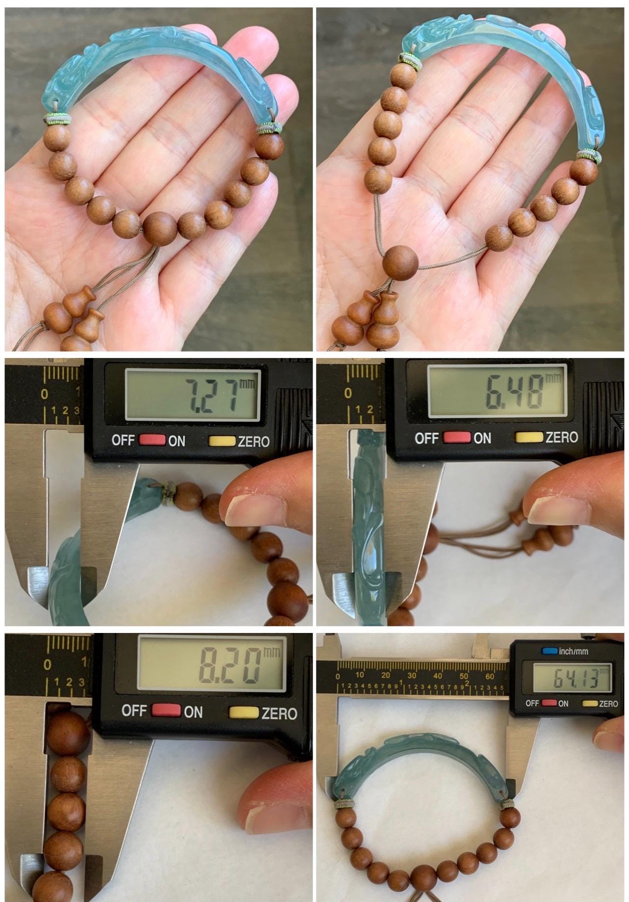 Natural Grade A Guatemalan Icy Highly Translucent Bright Blue Jadeite Dragon Hook Cuff Wood Beads Beaded Bracelet 6.75" 天然高冰危龙钩手牌木珠手串 GWL250