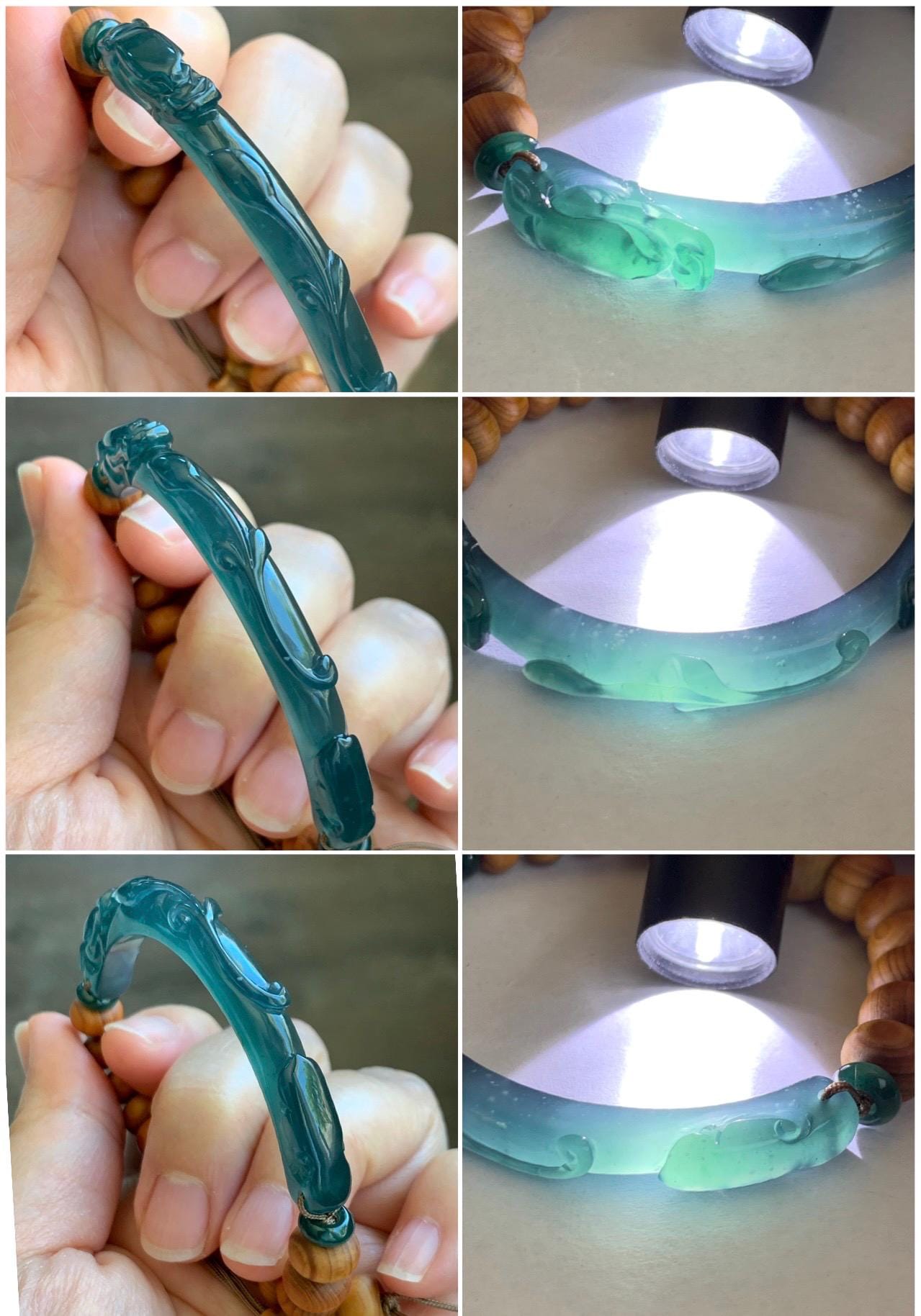 Natural Grade A Guatemalan Icy Translucent Dark Teal Blue Jadeite Dragon Hook Cuff Wood Beads Beaded Bracelet 6.75" 天然高冰危龙钩手牌木珠手串 GWN250