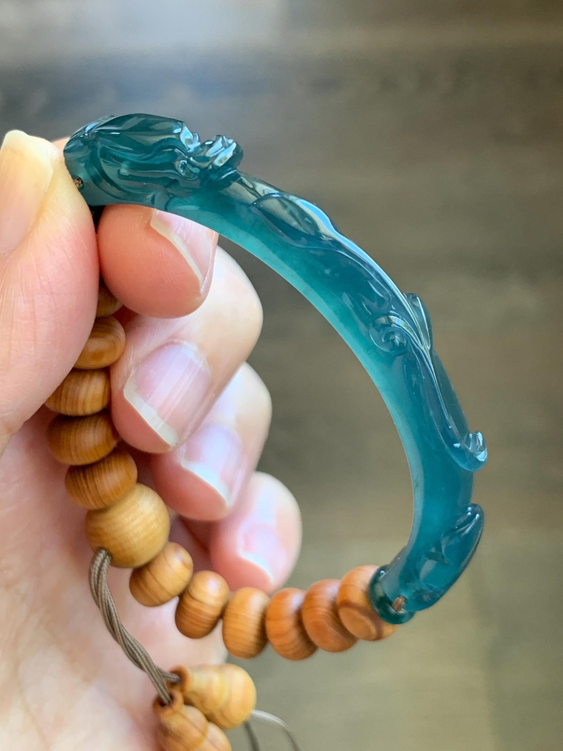 Natural Grade A Guatemalan Icy Translucent Dark Teal Blue Jadeite Dragon Hook Cuff Wood Beads Beaded Bracelet 6.75" 天然高冰危龙钩手牌木珠手串 GWN250
