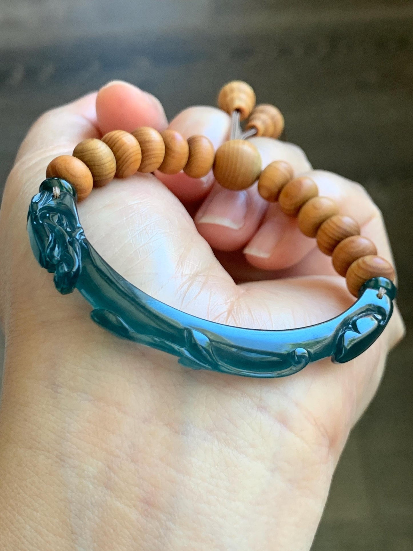 Natural Grade A Guatemalan Icy Translucent Dark Teal Blue Jadeite Dragon Hook Cuff Wood Beads Beaded Bracelet 6.75" 天然高冰危龙钩手牌木珠手串 GWN250