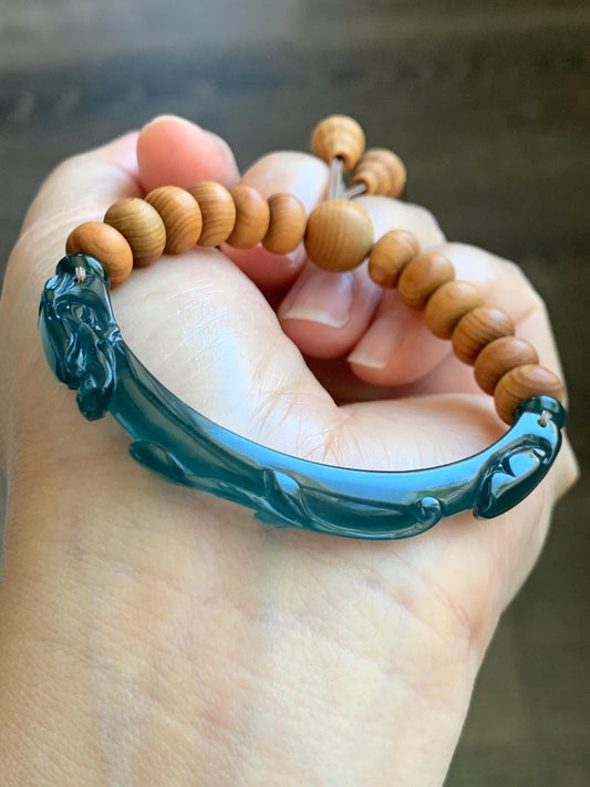 Natural Grade A Guatemalan Icy Translucent Dark Teal Blue Jadeite Dragon Hook Cuff Wood Beads Beaded Bracelet 6.75" 天然高冰危龙钩手牌木珠手串 GWN250