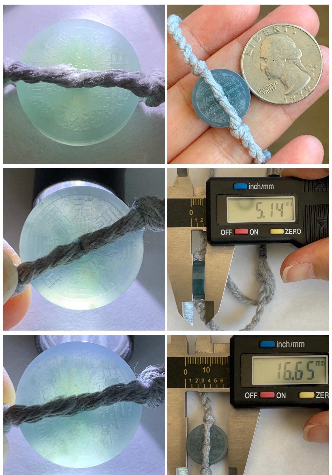 Natural Guatemalan Icy Translucent Light Blue Jadeite Mountain Ghost Eight Trigrams Coin Rope Bracelet Adjustable 6"-9" 天然冰危蓝翡翠山鬼护身符手绳