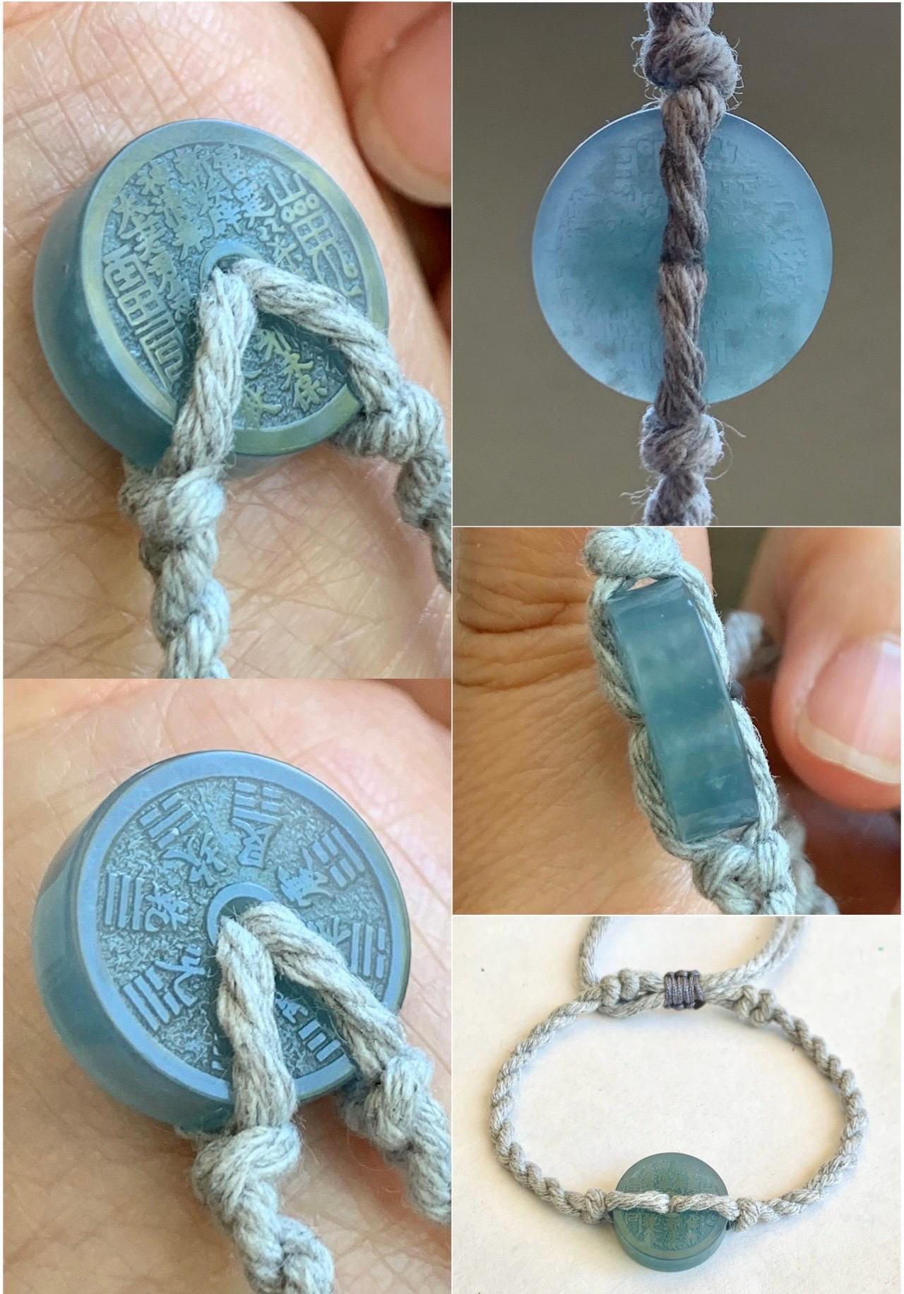Natural Guatemalan Icy Translucent Light Blue Jadeite Mountain Ghost Eight Trigrams Coin Rope Bracelet Adjustable 6"-9" 天然冰危蓝翡翠山鬼护身符手绳