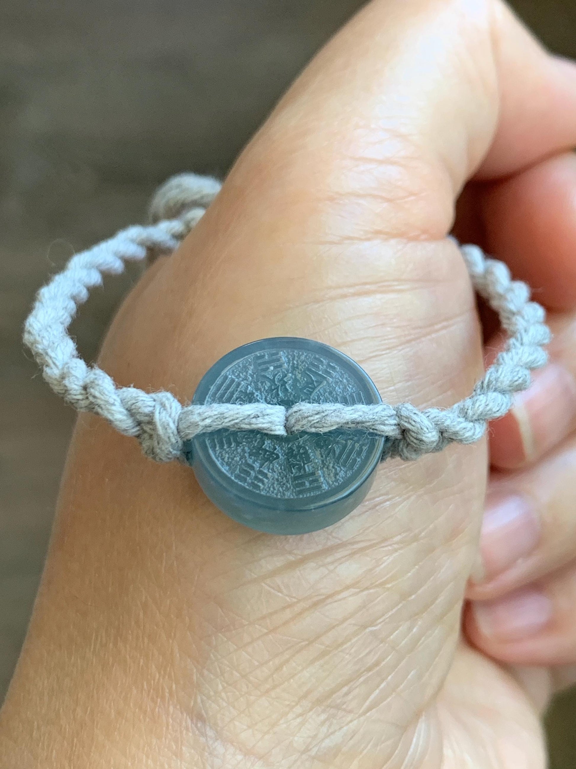 Natural Guatemalan Icy Translucent Light Blue Jadeite Mountain Ghost Eight Trigrams Coin Rope Bracelet Adjustable 6"-9" 天然冰危蓝翡翠山鬼护身符手绳