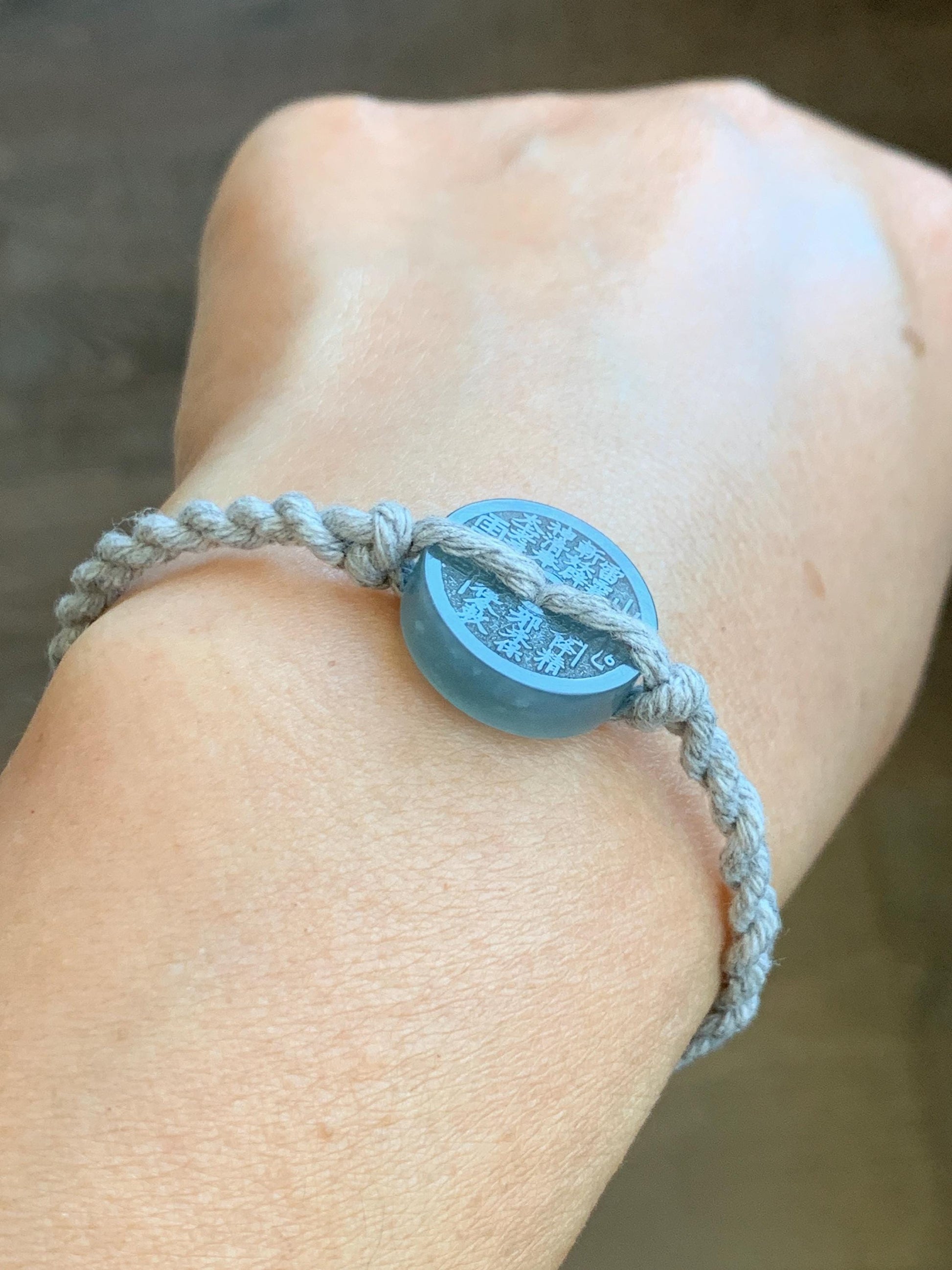 Natural Guatemalan Icy Translucent Light Blue Jadeite Mountain Ghost Eight Trigrams Coin Rope Bracelet Adjustable 6"-9" 天然冰危蓝翡翠山鬼护身符手绳