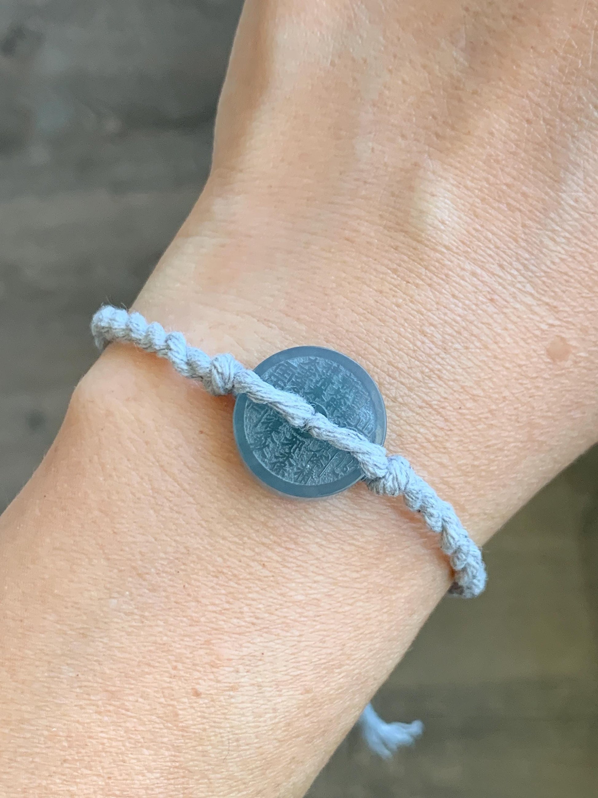 Natural Guatemalan Icy Translucent Light Blue Jadeite Mountain Ghost Eight Trigrams Coin Rope Bracelet Adjustable 6"-9" 天然冰危蓝翡翠山鬼护身符手绳