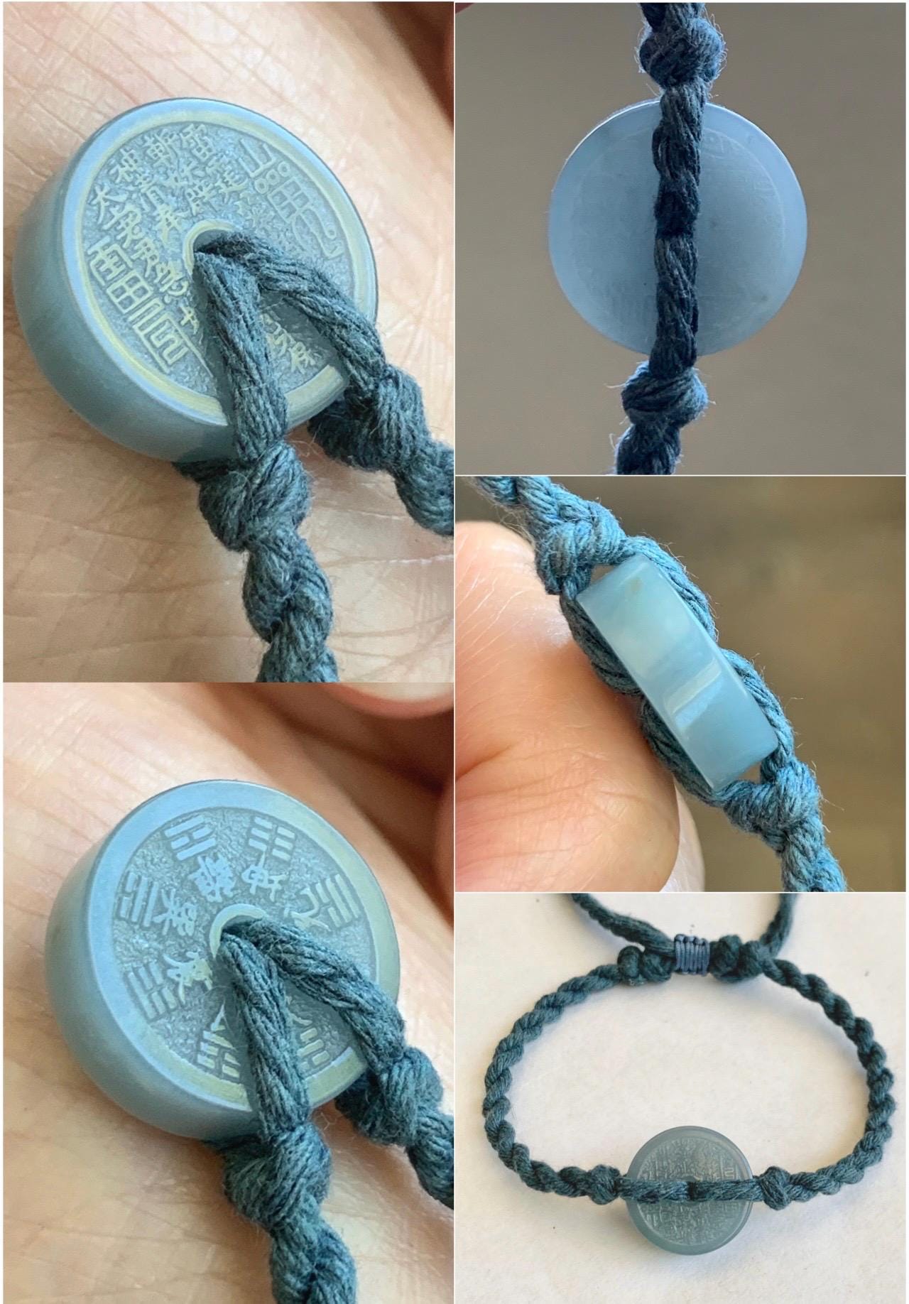 Natural Guatemalan Icy Translucent Dusty Blue Jadeite Mountain Ghost Eight Trigrams Coin Rope Bracelet Adjustable 6"-9" 天然冰危蓝翡翠山鬼护身符手绳
