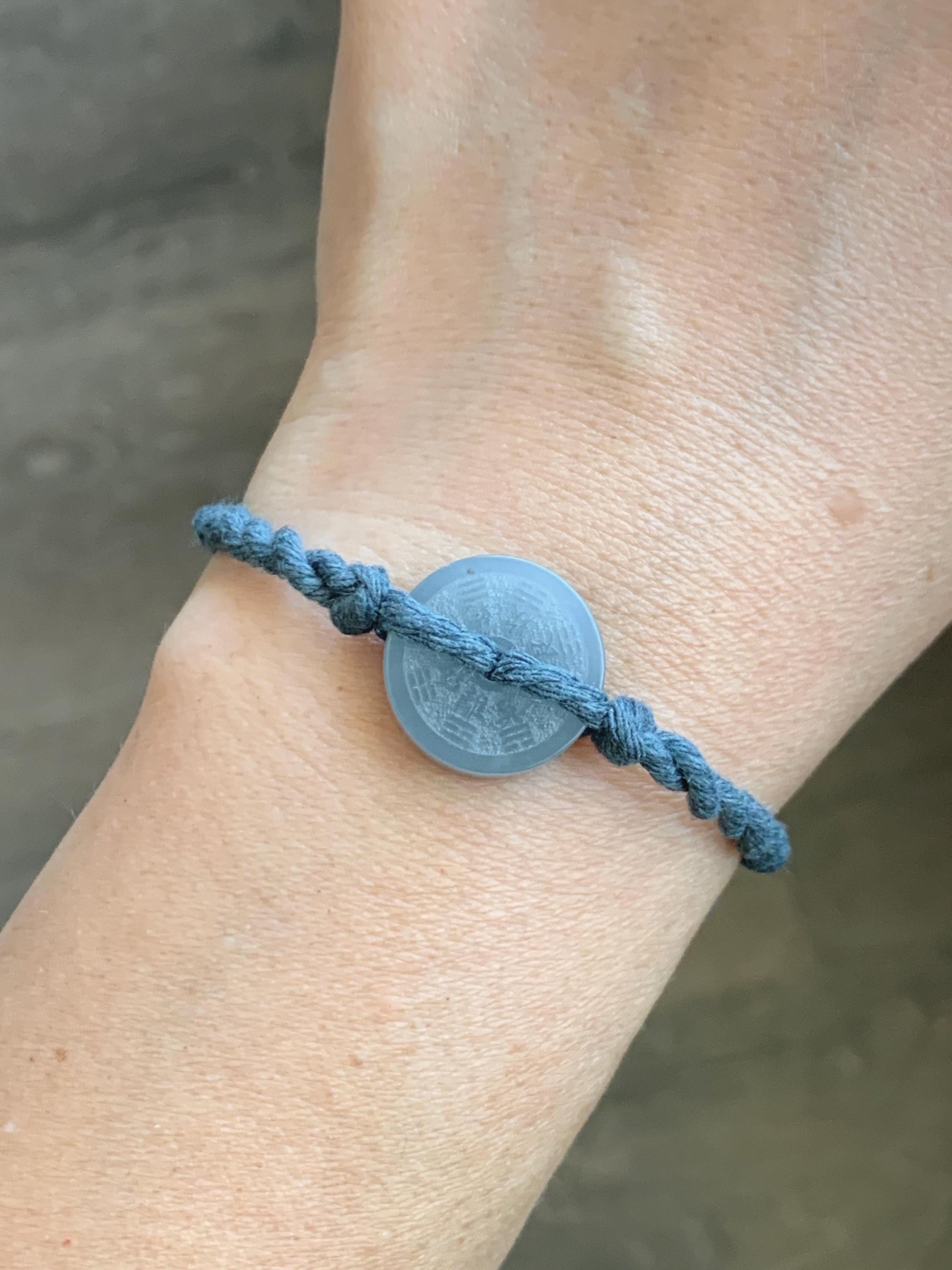 Natural Guatemalan Icy Translucent Dusty Blue Jadeite Mountain Ghost Eight Trigrams Coin Rope Bracelet Adjustable 6"-9" 天然冰危蓝翡翠山鬼护身符手绳