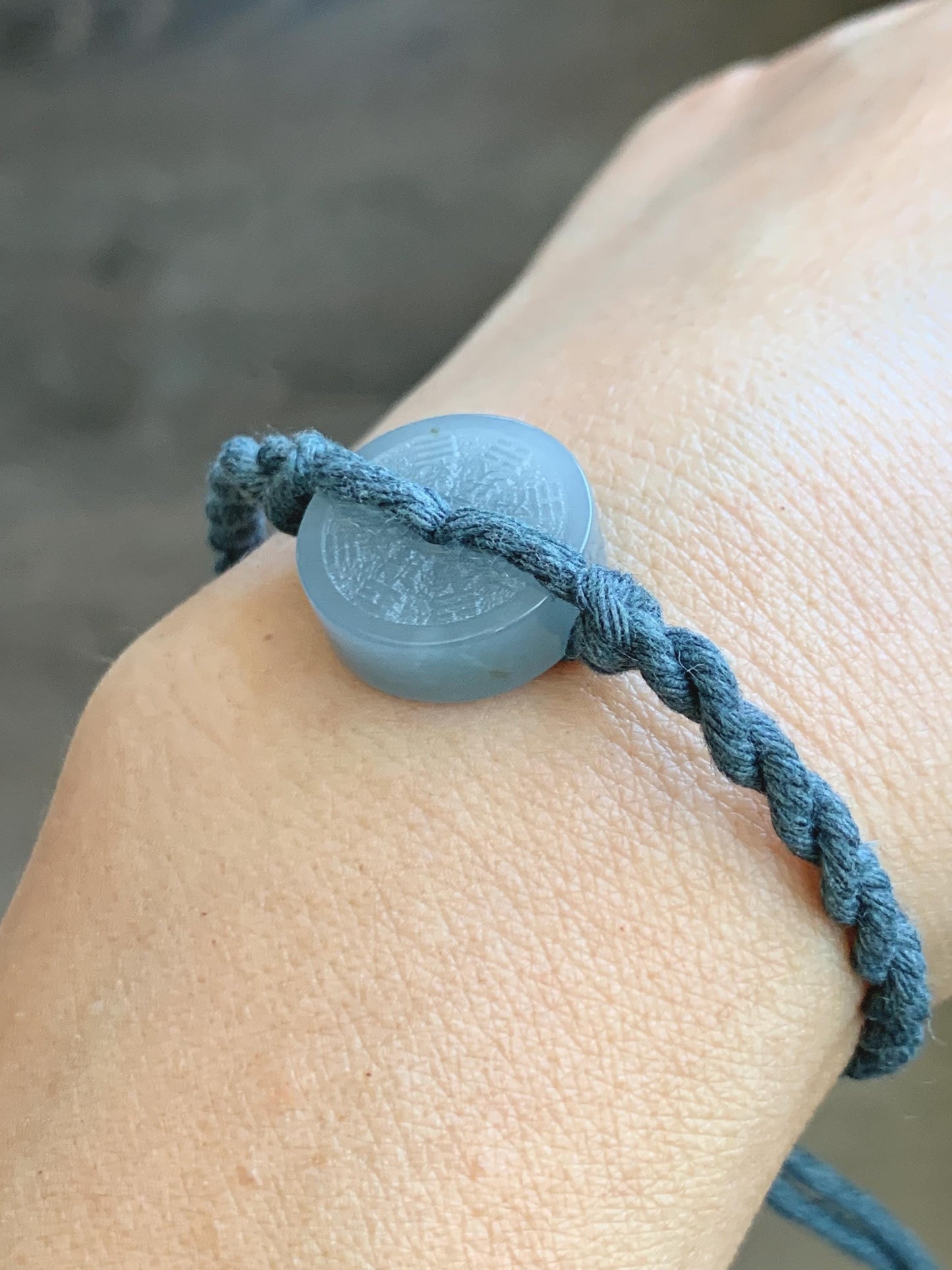 Natural Guatemalan Icy Translucent Dusty Blue Jadeite Mountain Ghost Eight Trigrams Coin Rope Bracelet Adjustable 6"-9" 天然冰危蓝翡翠山鬼护身符手绳
