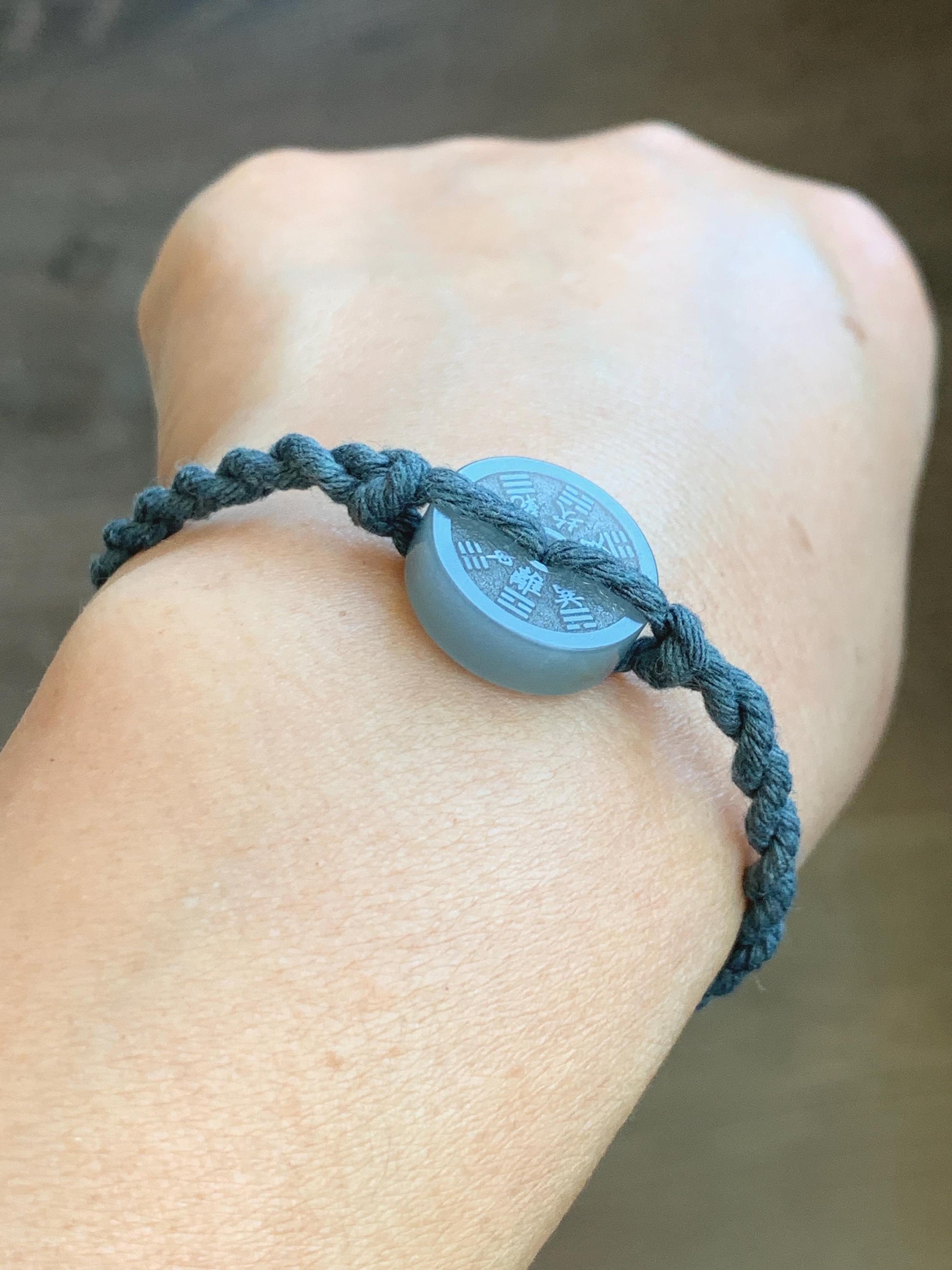 Natural Guatemalan Icy Translucent Dusty Blue Jadeite Mountain Ghost Eight Trigrams Coin Rope Bracelet Adjustable 6"-9" 天然冰危蓝翡翠山鬼护身符手绳