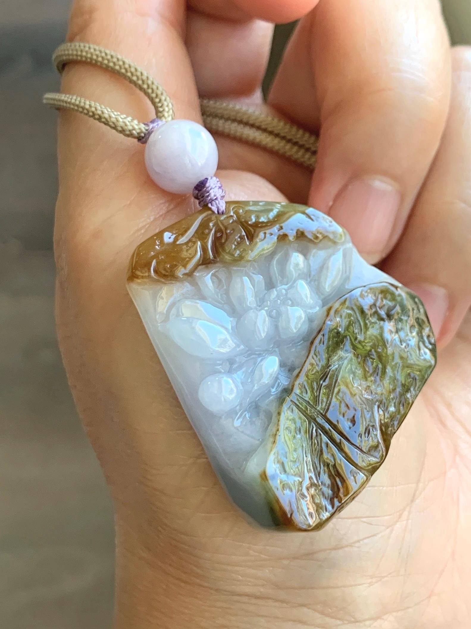 Natural Grade A Icy Translucent Tricolored Jade Jadeite w/ Rind Carved Lotus Flower Pendant Rope Necklace 26” 25g 天然冰三彩翡翠皮壳料莲花吊坠项链 SCLH150