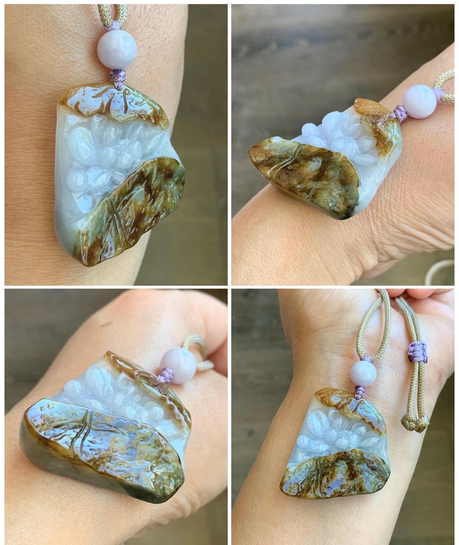 Natural Grade A Icy Translucent Tricolored Jade Jadeite w/ Rind Carved Lotus Flower Pendant Rope Necklace 26” 25g 天然冰三彩翡翠皮壳料莲花吊坠项链 SCLH150