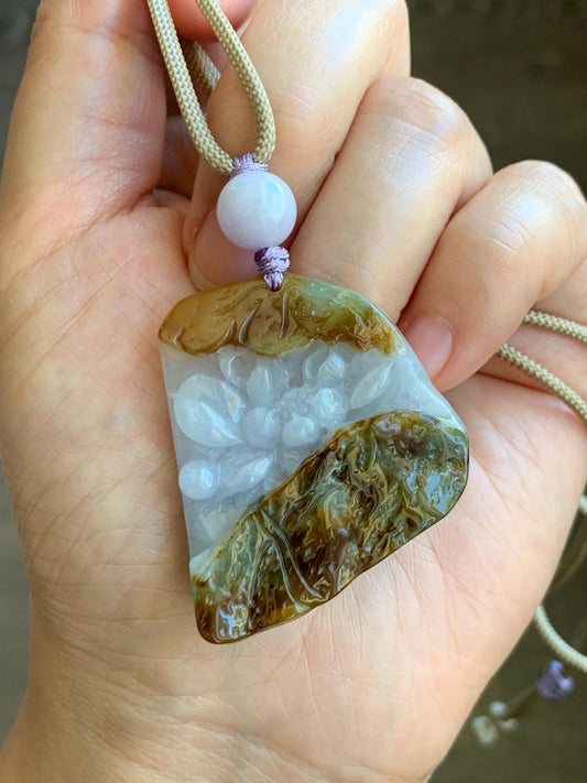 Natural Grade A Icy Translucent Tricolored Jade Jadeite w/ Rind Carved Lotus Flower Pendant Rope Necklace 26” 25g 天然冰三彩翡翠皮壳料莲花吊坠项链 SCLH150