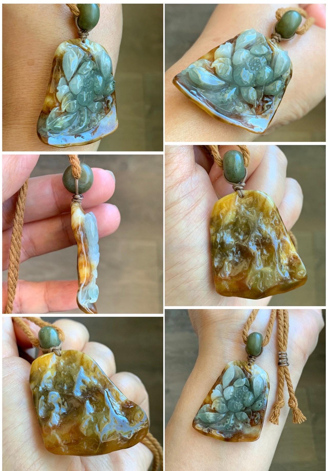 Natural Grade A Icy Translucent Tricolored Jade Jadeite Carved Lotus Flower Pendant Rope Necklace 25” 19g 天然冰三彩翡翠莲花牌吊坠项链 SCLH850