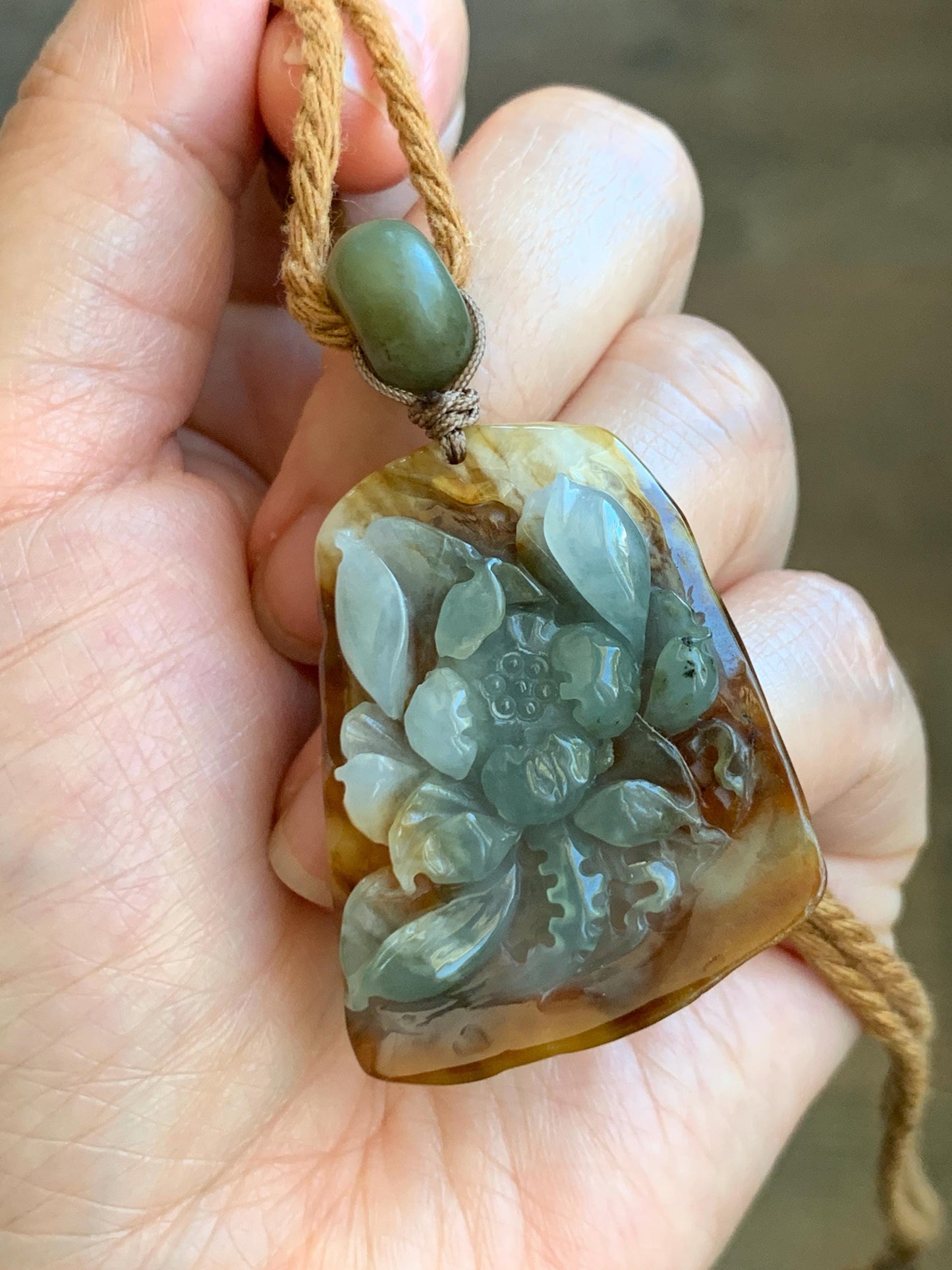Natural Grade A Icy Translucent Tricolored Jade Jadeite Carved Lotus Flower Pendant Rope Necklace 25” 19g 天然冰三彩翡翠莲花牌吊坠项链 SCLH850