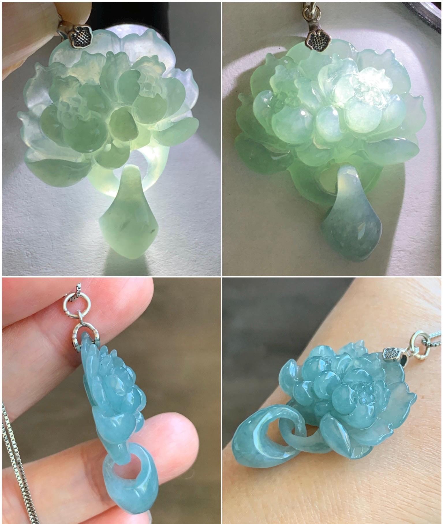 Certified Natural Guatemalan Icy Translucent Light Teal Blue Jade Jadeite Double Lotus Flower Pendant Sterling Silver 10g 天然冰危蓝翡翠双莲花吊坠 9964