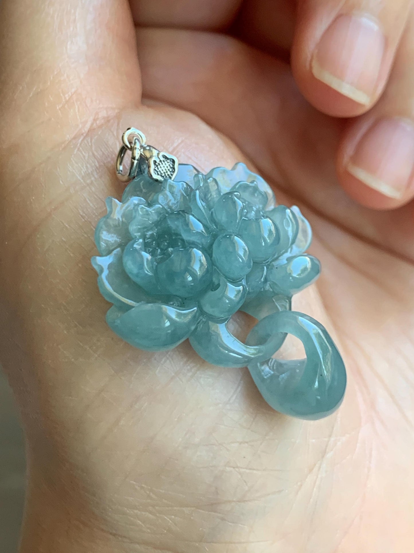 Certified Natural Guatemalan Icy Translucent Light Teal Blue Jade Jadeite Double Lotus Flower Pendant Sterling Silver 10g 天然冰危蓝翡翠双莲花吊坠 9964