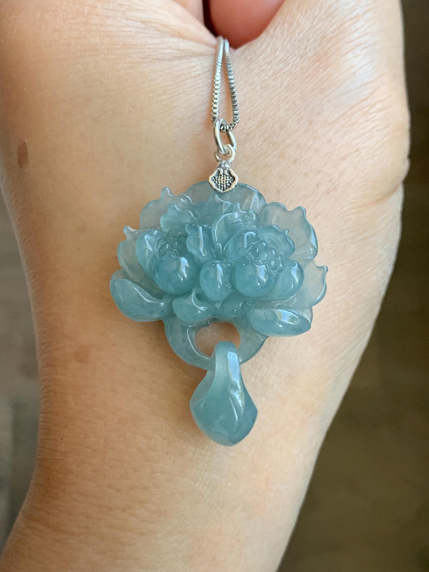 Certified Natural Guatemalan Icy Translucent Light Teal Blue Jade Jadeite Double Lotus Flower Pendant Sterling Silver 10g 天然冰危蓝翡翠双莲花吊坠 9964