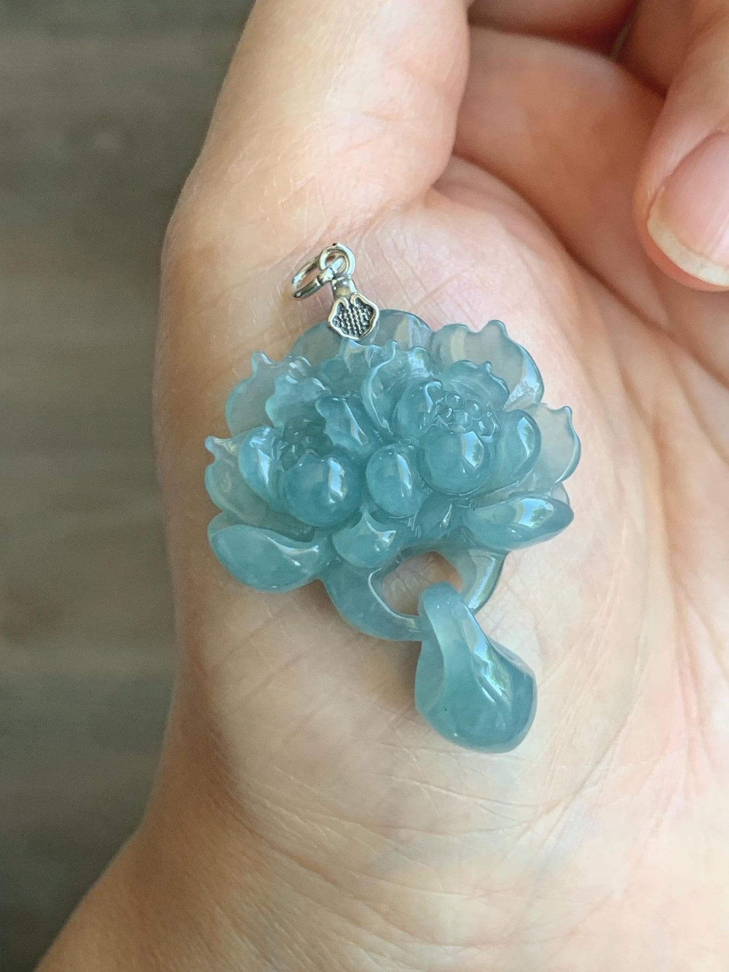 Certified Natural Guatemalan Icy Translucent Light Teal Blue Jade Jadeite Double Lotus Flower Pendant Sterling Silver 10g 天然冰危蓝翡翠双莲花吊坠 9964