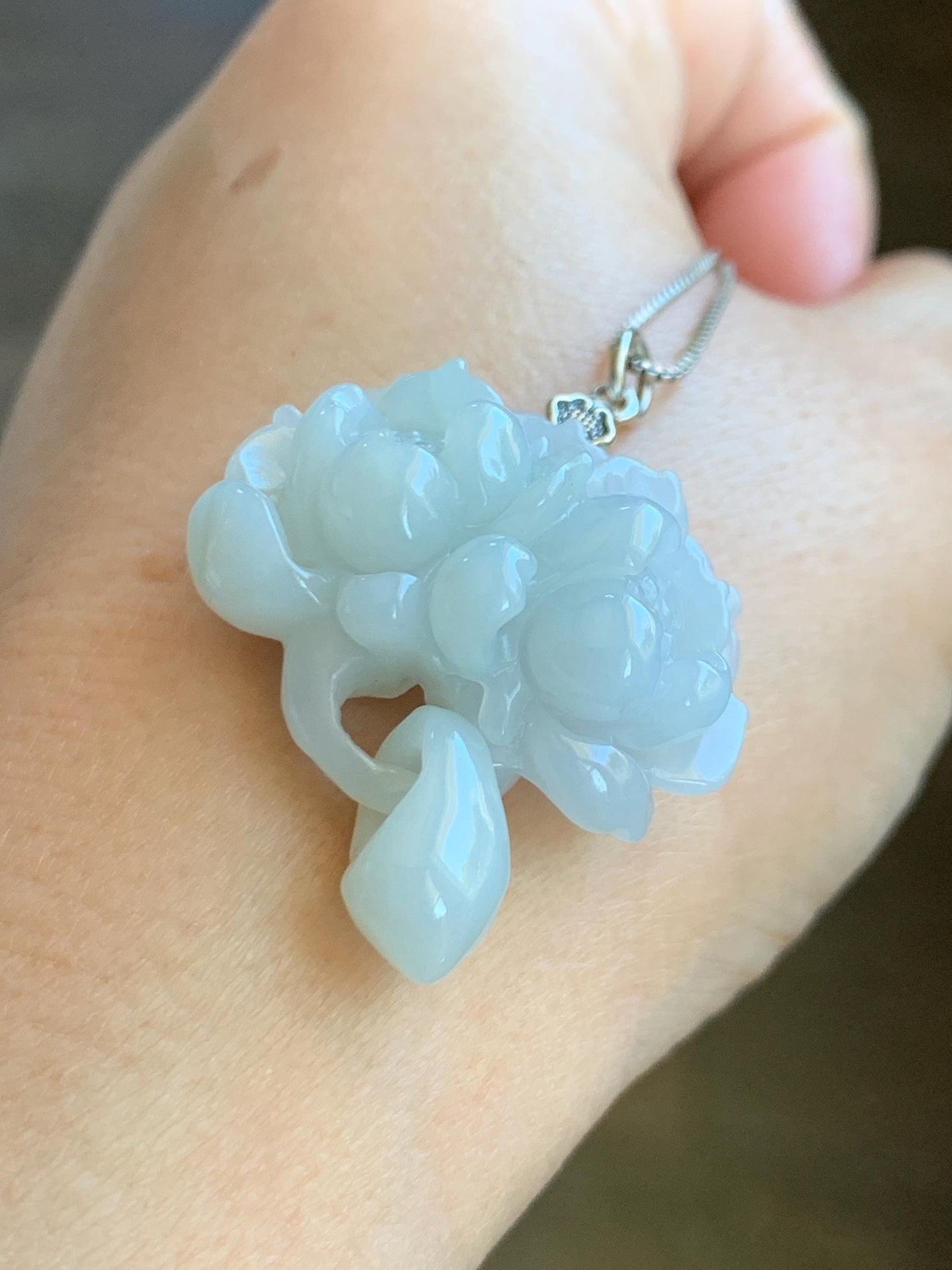 Certified Natural Grade A Translucent Pastel Green Jade Jadeite Double Lotus Flower Pendant Sterling Silver 12.4g 天然糯冰晴底翡翠双莲花吊坠 9965