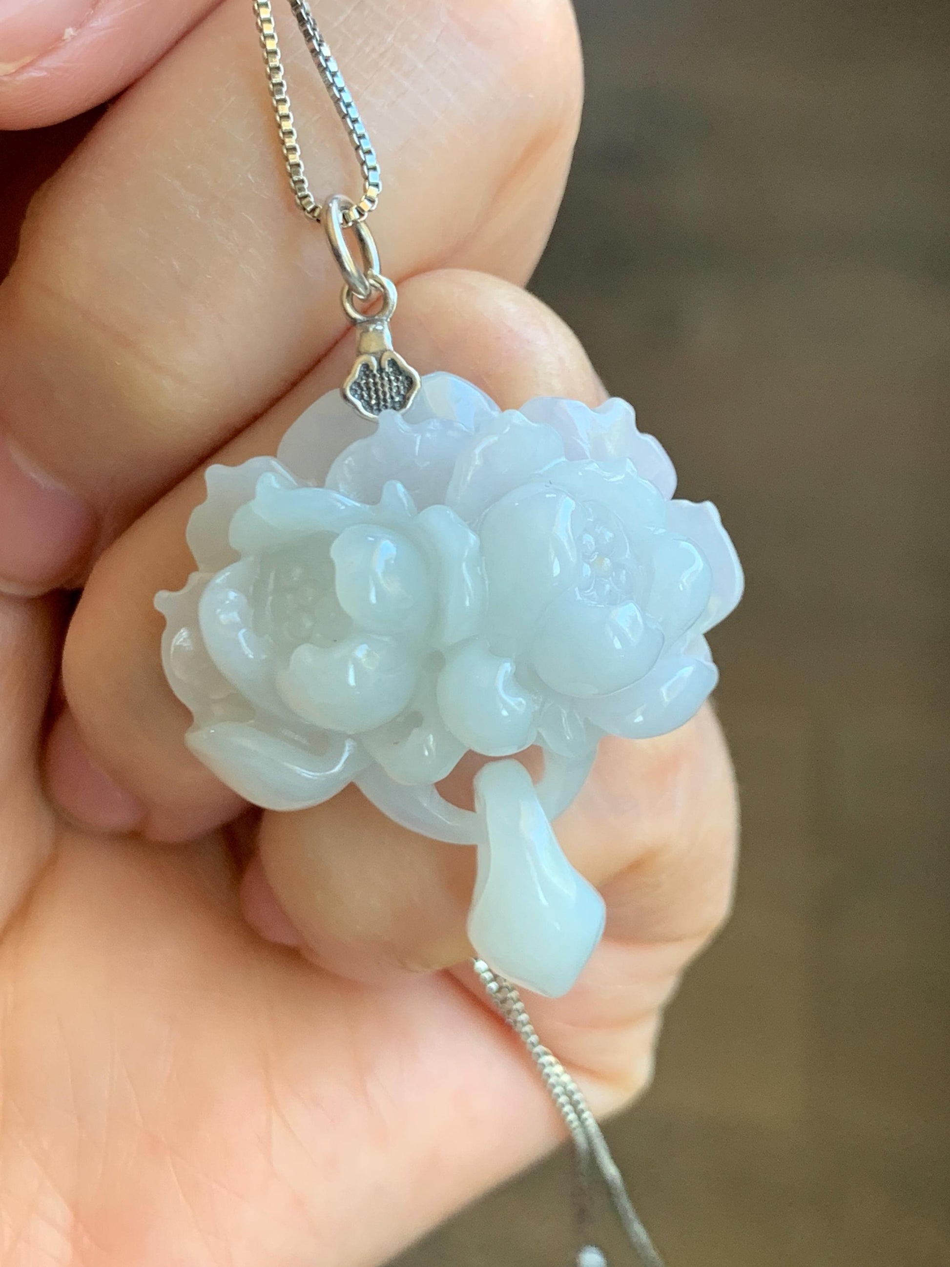 Certified Natural Grade A Translucent Pastel Green Jade Jadeite Double Lotus Flower Pendant Sterling Silver 12.4g 天然糯冰晴底翡翠双莲花吊坠 9965