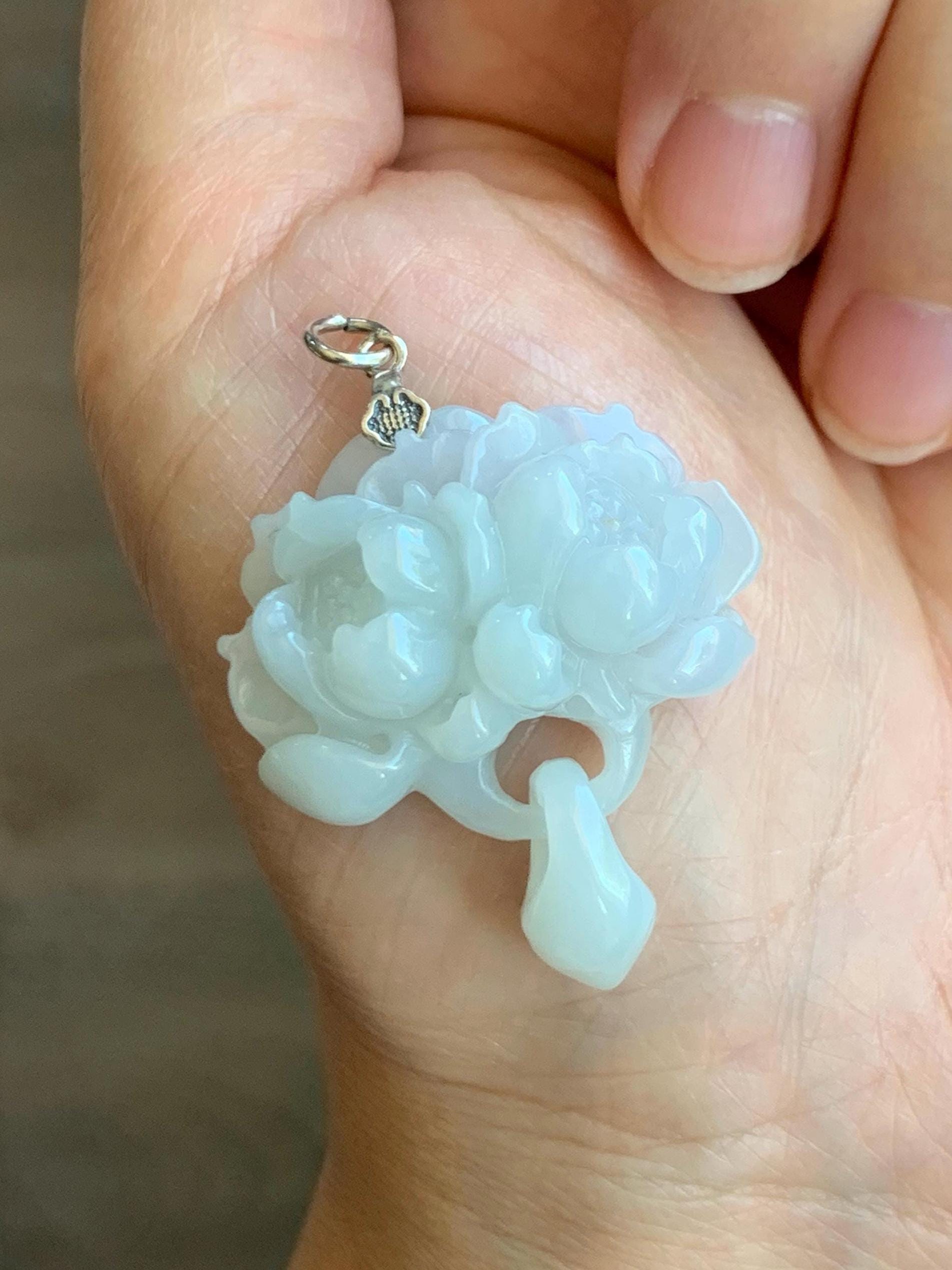 Certified Natural Grade A Translucent Pastel Green Jade Jadeite Double Lotus Flower Pendant Sterling Silver 12.4g 天然糯冰晴底翡翠双莲花吊坠 9965