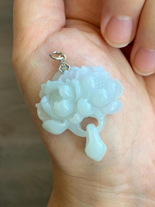 Certified Natural Grade A Translucent Pastel Green Jade Jadeite Double Lotus Flower Pendant Sterling Silver 12.4g 天然糯冰晴底翡翠双莲花吊坠 9965