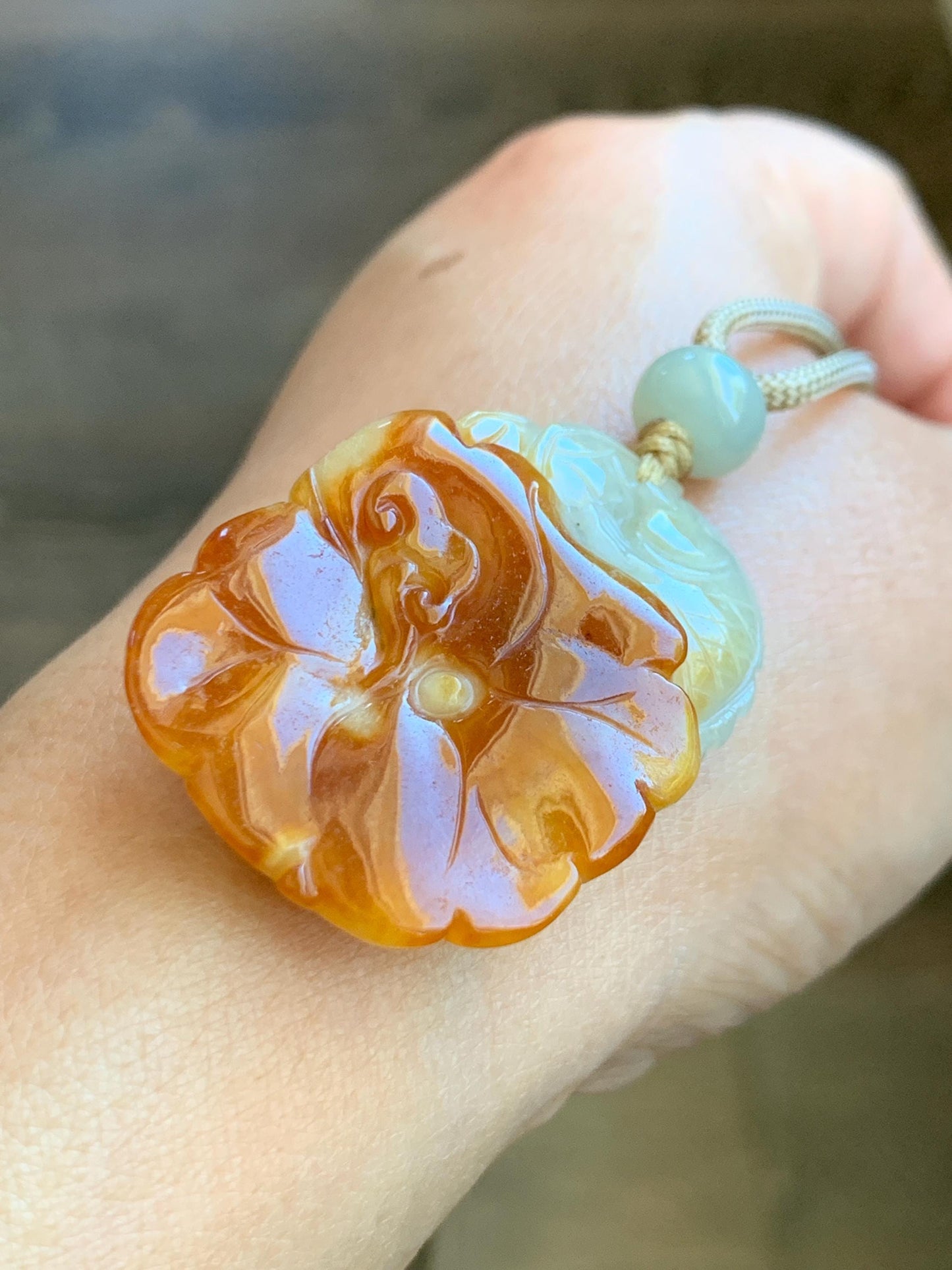 Natural Grade A Icy Translucent Bicolored Jade Jadeite Carved Lotus Flower Koi Fish Pendant Rope Necklace 26” 18g 天然冰双色翡翠荷花鱼吊坠项链 SSHY850