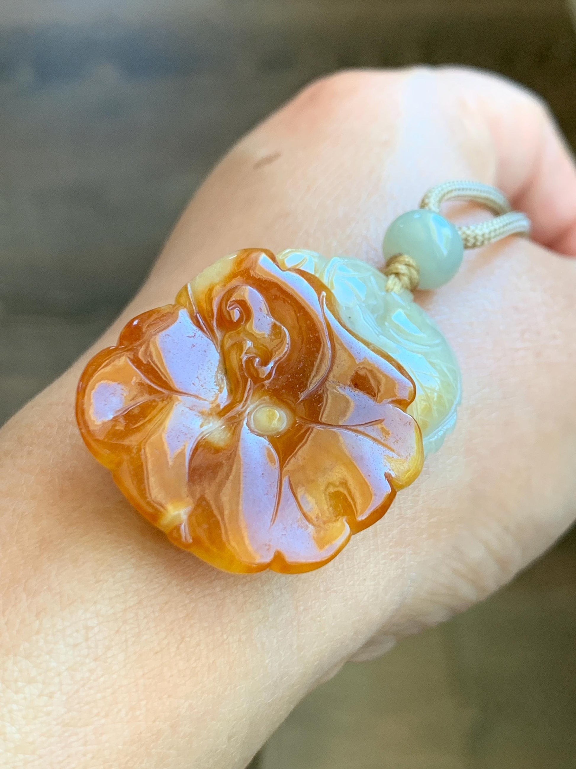 Natural Grade A Icy Translucent Bicolored Jade Jadeite Carved Lotus Flower Koi Fish Pendant Rope Necklace 26” 18g 天然冰双色翡翠荷花鱼吊坠项链 SSHY850