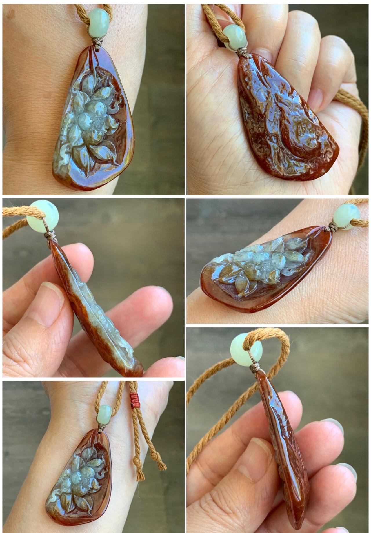 Certified Natural Grade A Icy Highly Translucent Red & Beige Jade Jadeite Lotus Flower Pendant Rope Necklace 26” 19g 天然冰红双色翡翠莲花吊坠项链 9427