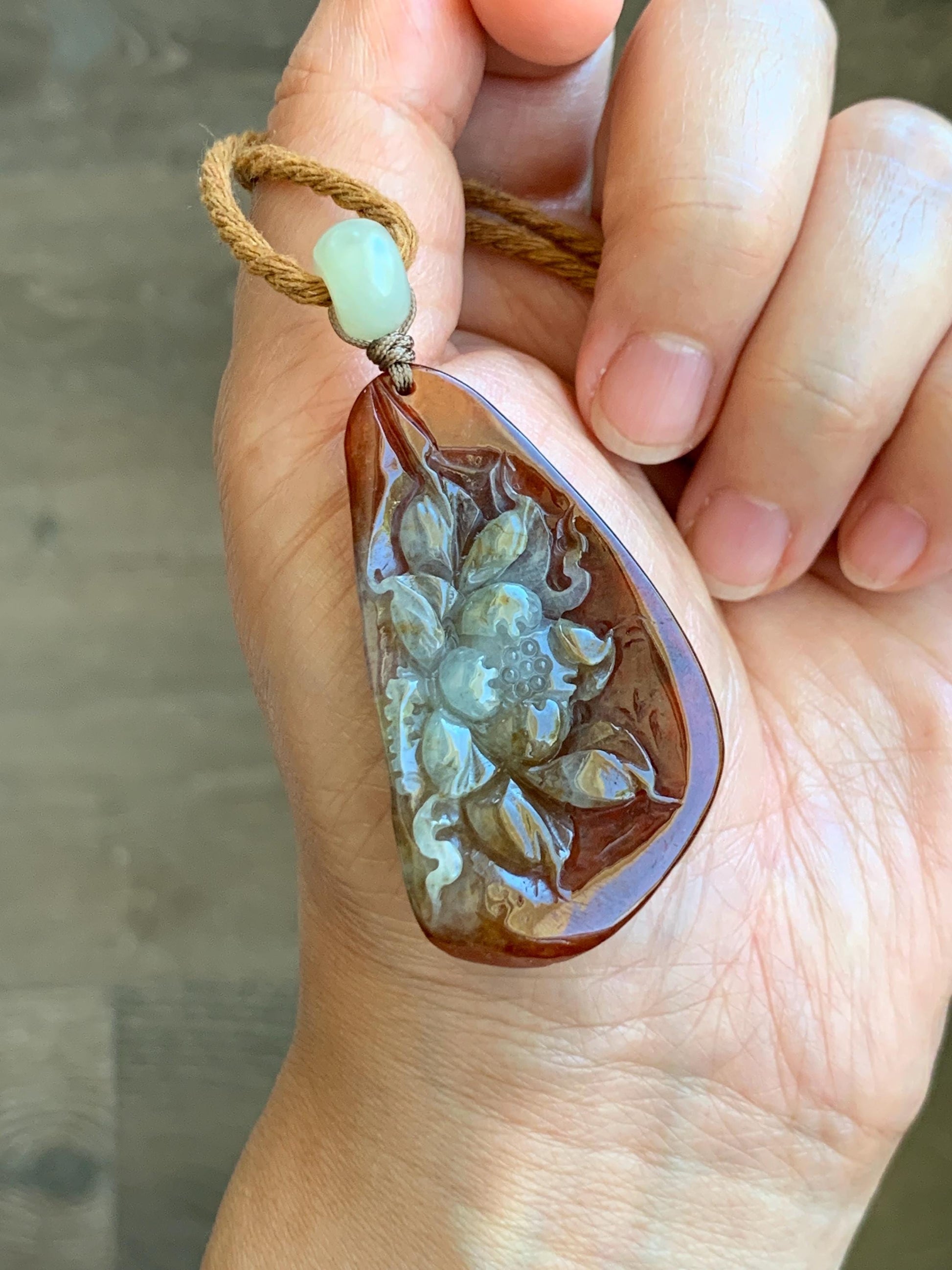 Certified Natural Grade A Icy Highly Translucent Red & Beige Jade Jadeite Lotus Flower Pendant Rope Necklace 26” 19g 天然冰红双色翡翠莲花吊坠项链 9427