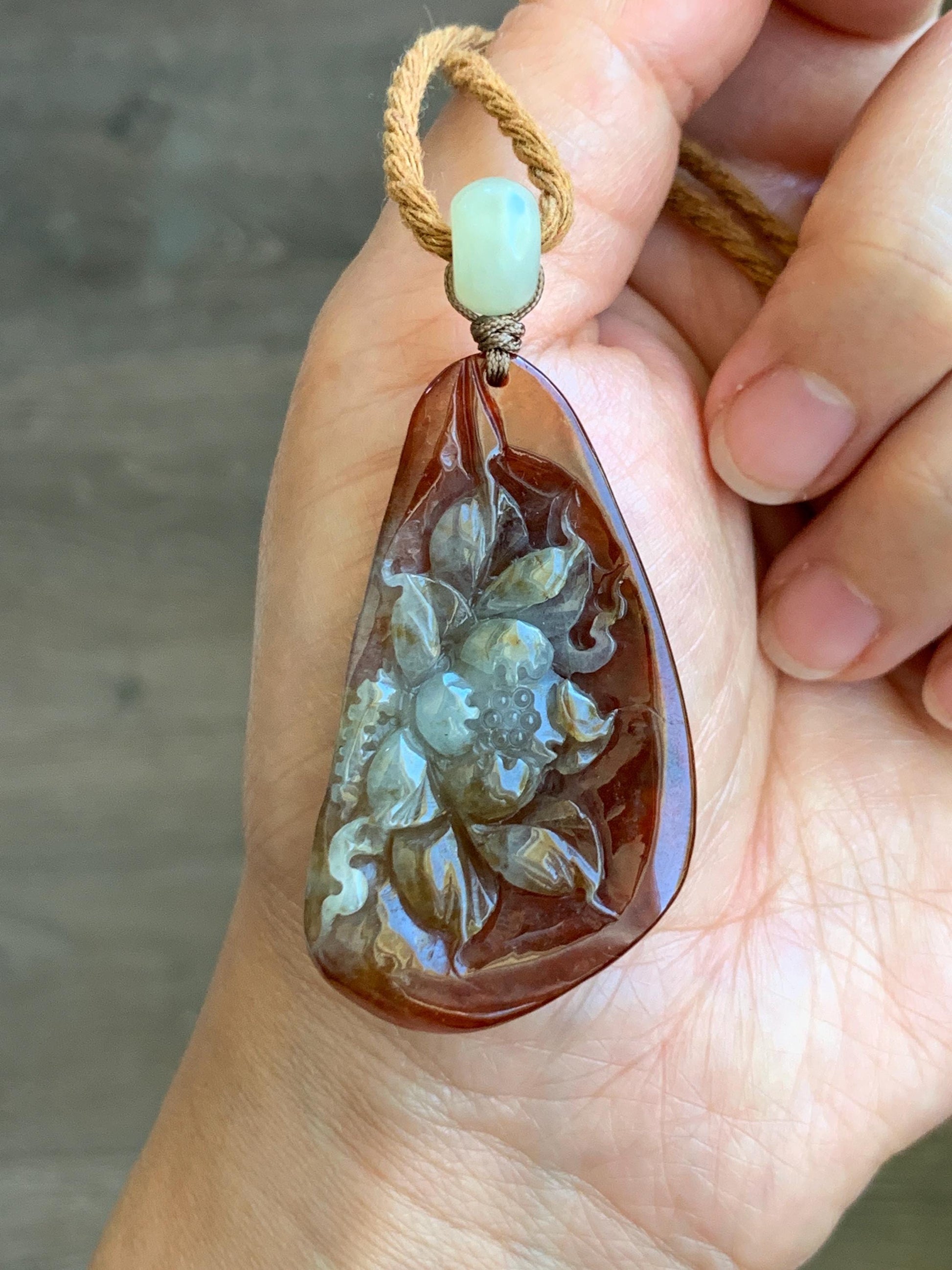 Certified Natural Grade A Icy Highly Translucent Red & Beige Jade Jadeite Lotus Flower Pendant Rope Necklace 26” 19g 天然冰红双色翡翠莲花吊坠项链 9427