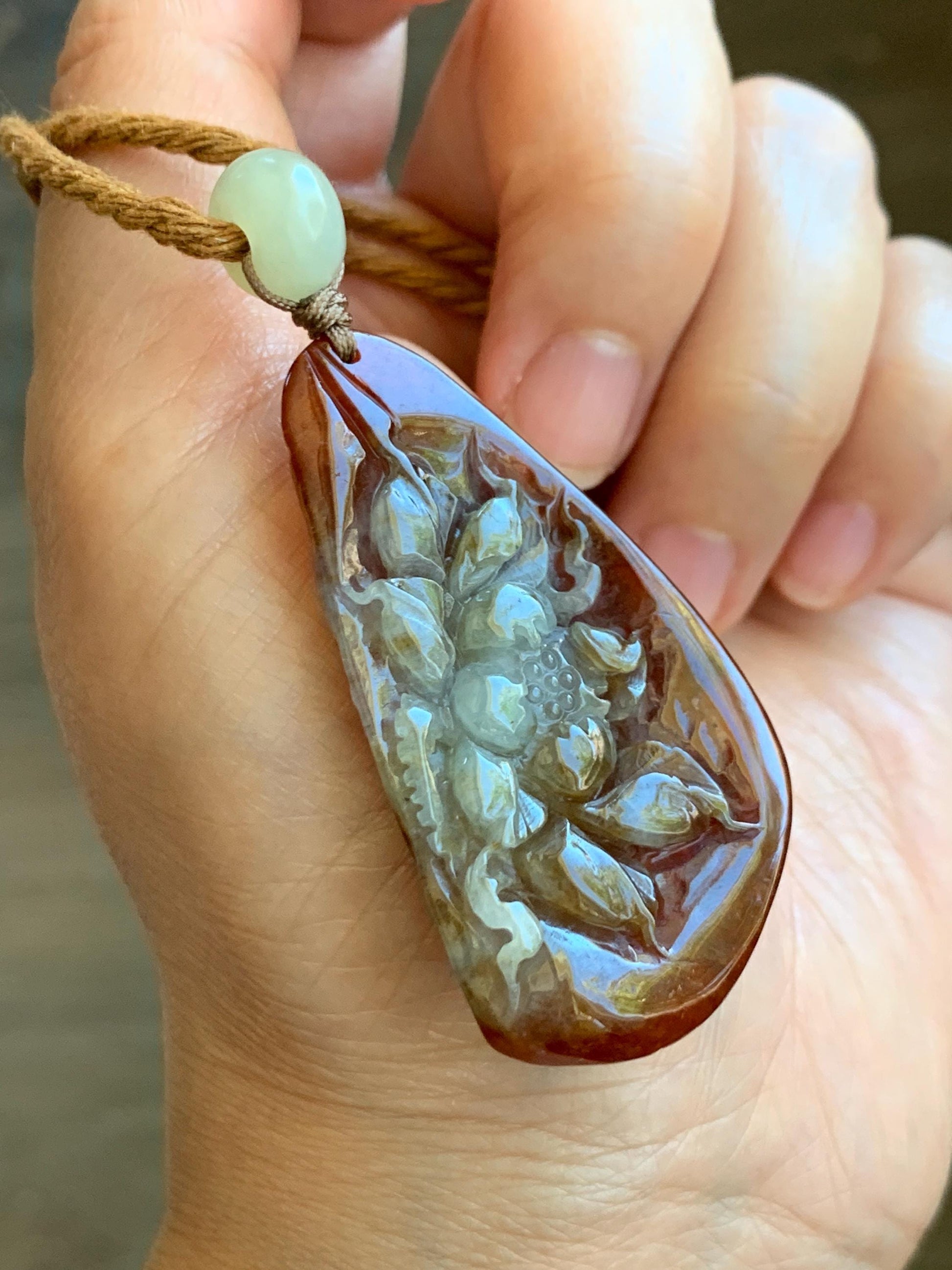 Certified Natural Grade A Icy Highly Translucent Red & Beige Jade Jadeite Lotus Flower Pendant Rope Necklace 26” 19g 天然冰红双色翡翠莲花吊坠项链 9427