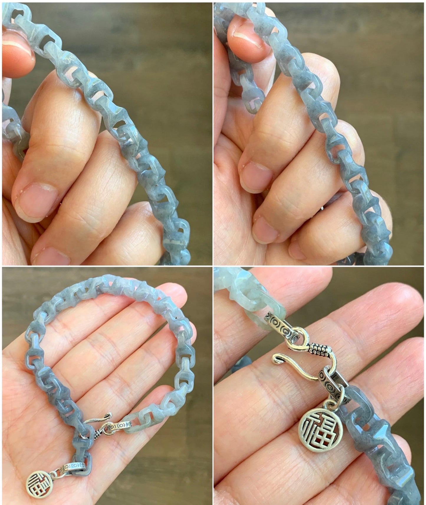 Certified Natural Grade A Icy Translucent Wuji Jadeite Interlocking Dragon Bone Link Chain Bracelet Sterling Silver 8.5” 天然冰胶乌鸡翡翠龙骨链手链 9468