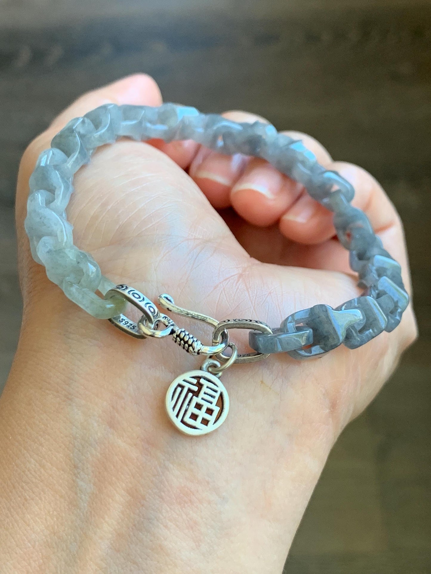 Certified Natural Grade A Icy Translucent Wuji Jadeite Interlocking Dragon Bone Link Chain Bracelet Sterling Silver 8.5” 天然冰胶乌鸡翡翠龙骨链手链 9468
