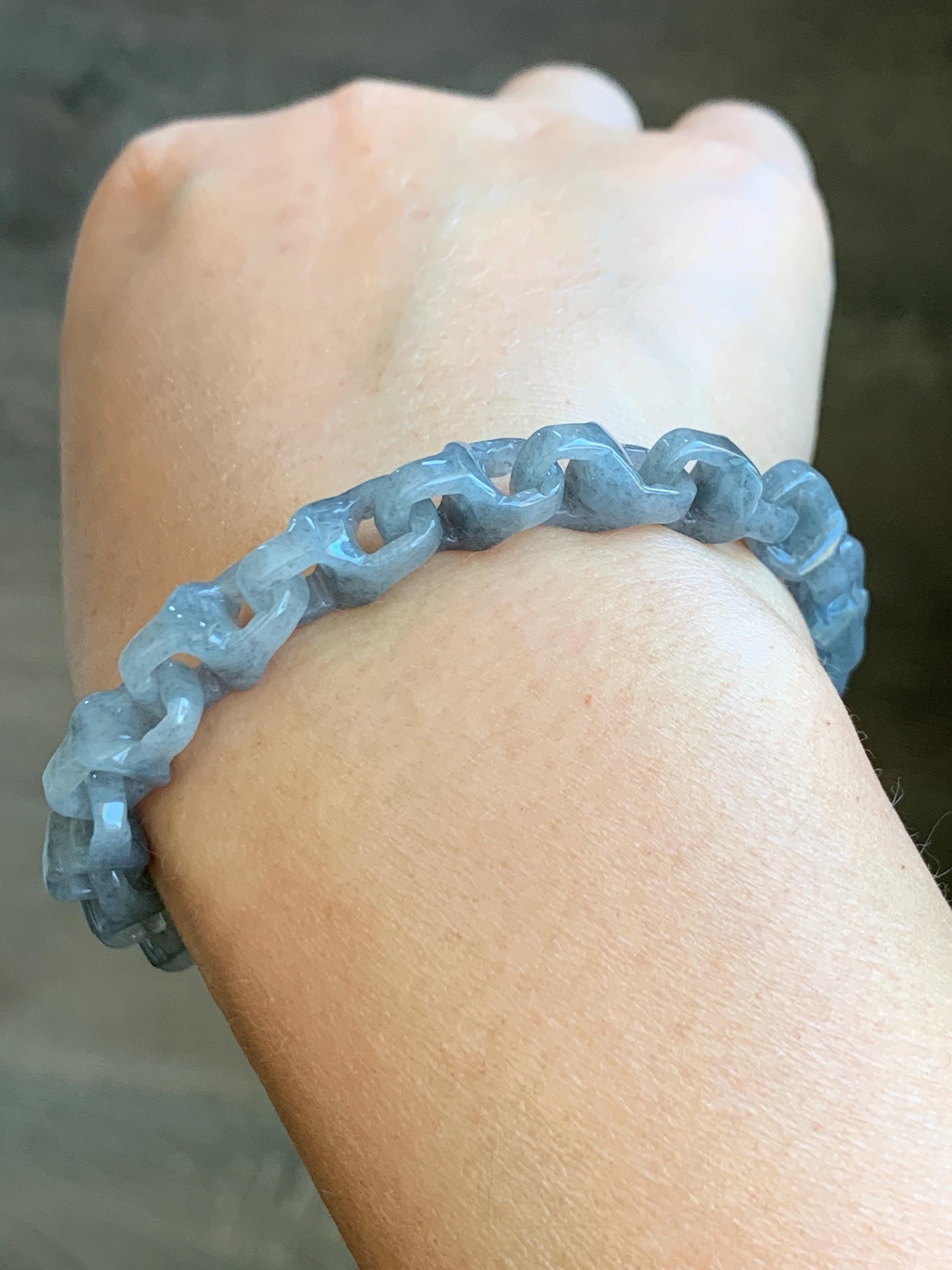Certified Natural Grade A Icy Translucent Wuji Jadeite Interlocking Dragon Bone Link Chain Bracelet Sterling Silver 8.5” 天然冰胶乌鸡翡翠龙骨链手链 9468